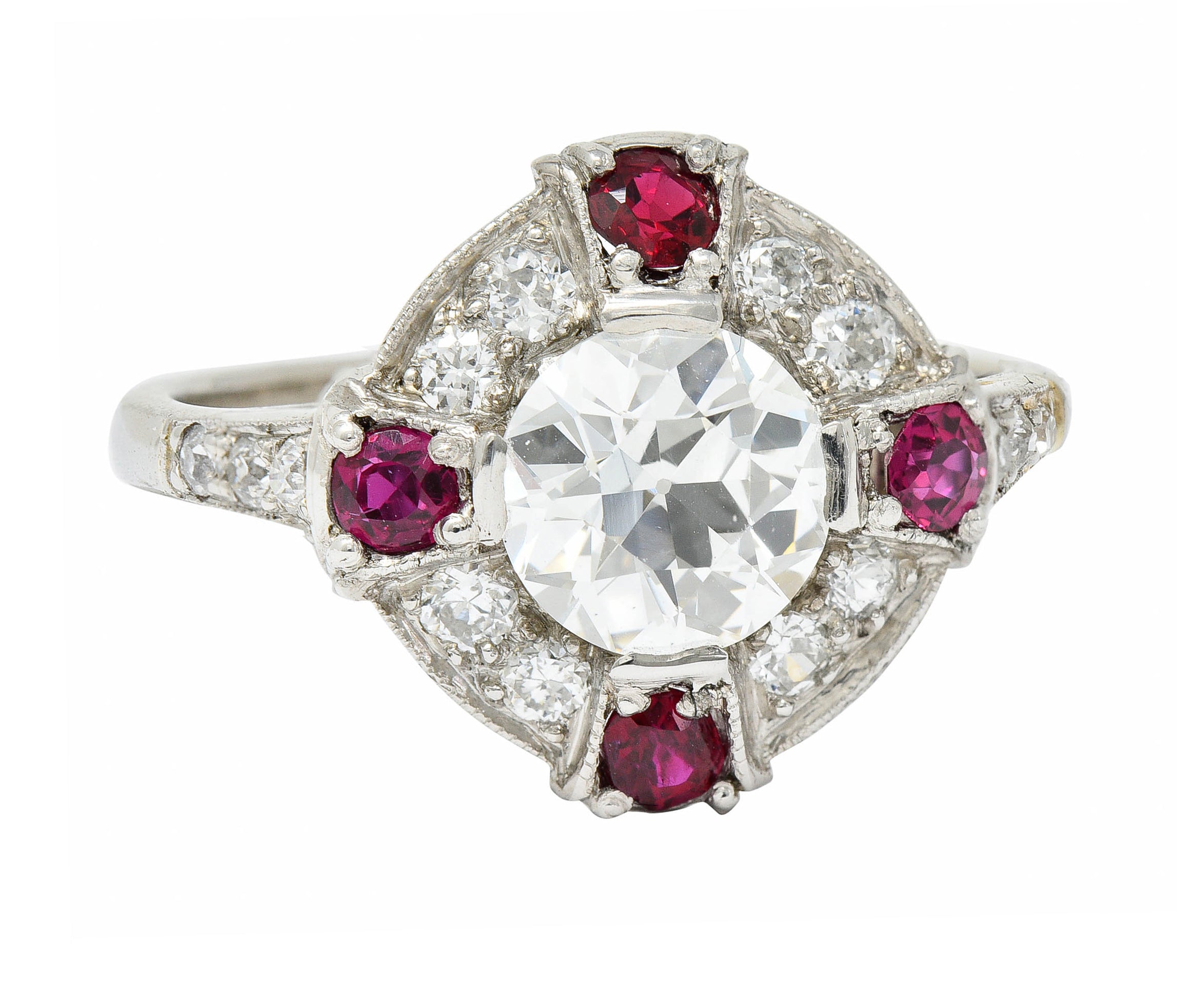 1930's Art Deco 2.32 CTW Diamond Ruby Platinum Halo Ring GIARing - Wilson's Estate Jewelry