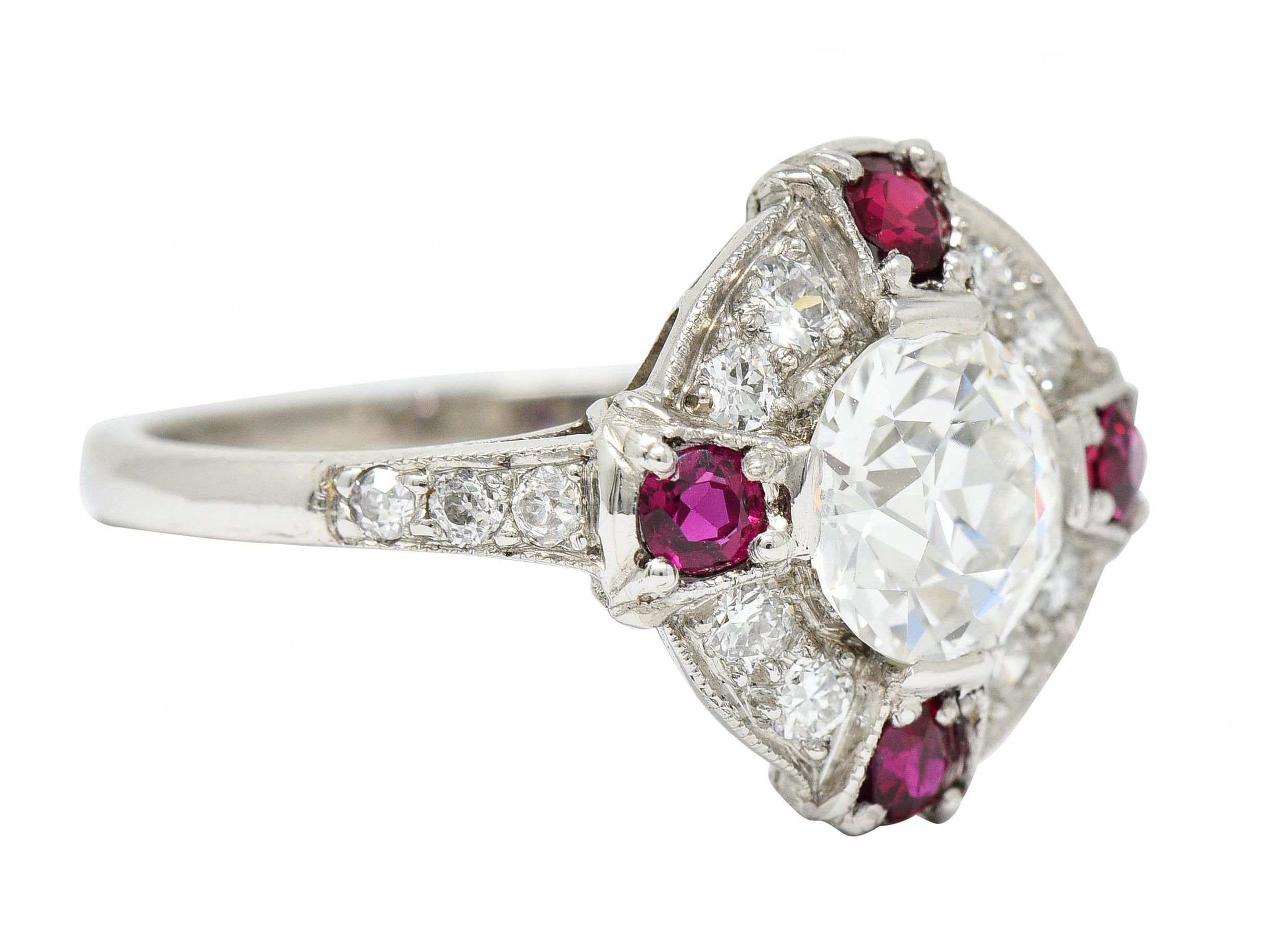 1930's Art Deco 2.32 CTW Diamond Ruby Platinum Halo Ring GIARing - Wilson's Estate Jewelry