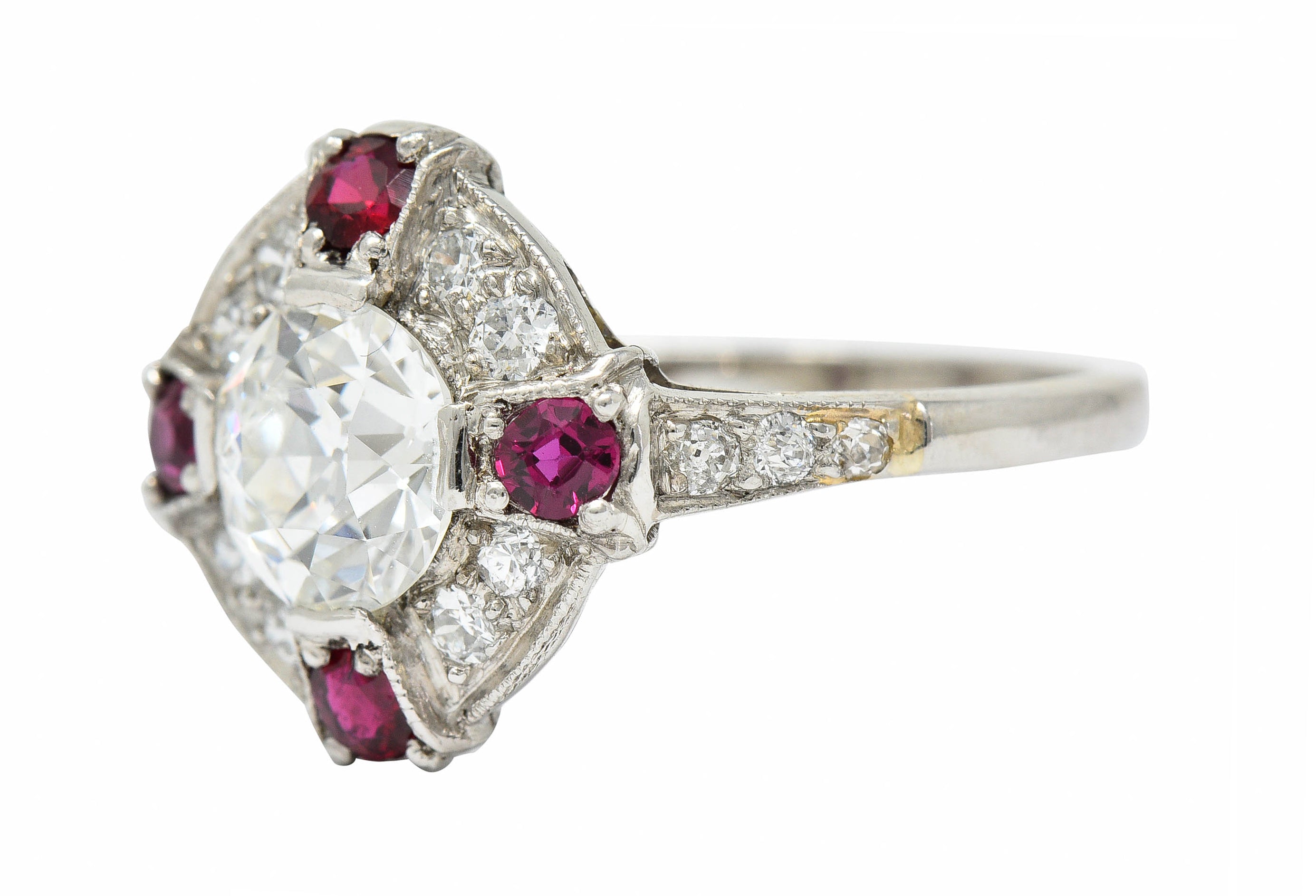 1930's Art Deco 2.32 CTW Diamond Ruby Platinum Halo Ring GIARing - Wilson's Estate Jewelry