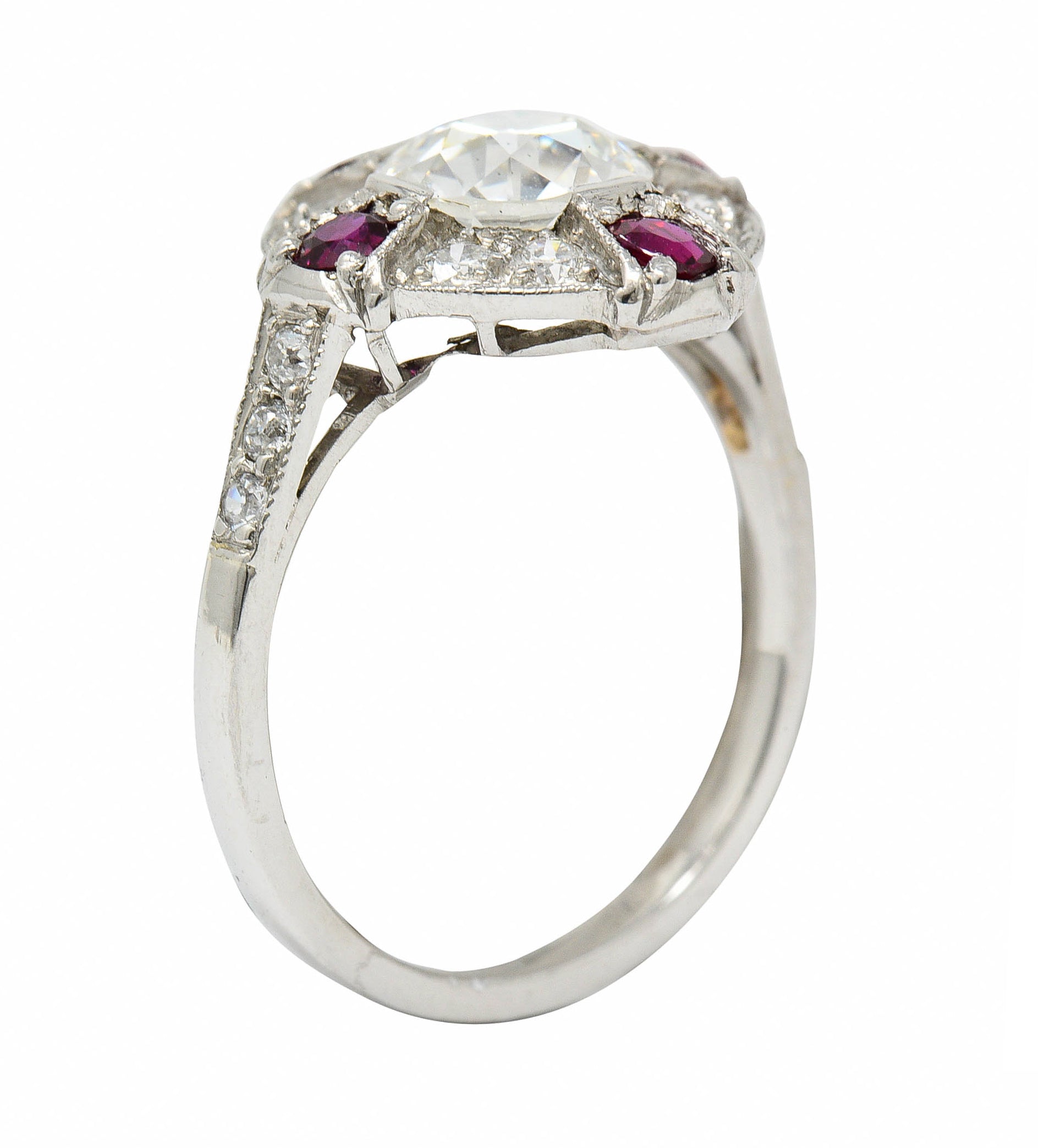 1930's Art Deco 2.32 CTW Diamond Ruby Platinum Halo Ring GIARing - Wilson's Estate Jewelry