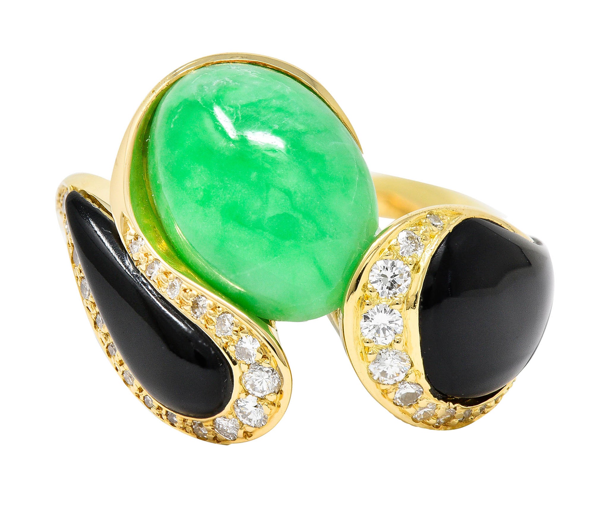 1980's Vintage Jade Onyx Diamond 18 Karat Two-Tone Gold Bypass RingRing - Wilson's Estate Jewelry