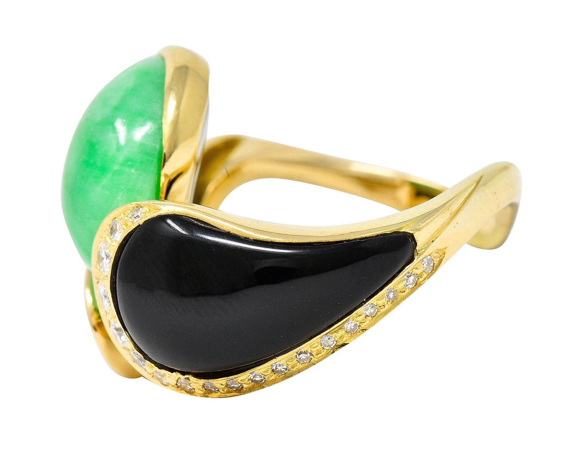 1980's Vintage Jade Onyx Diamond 18 Karat Two-Tone Gold Bypass RingRing - Wilson's Estate Jewelry