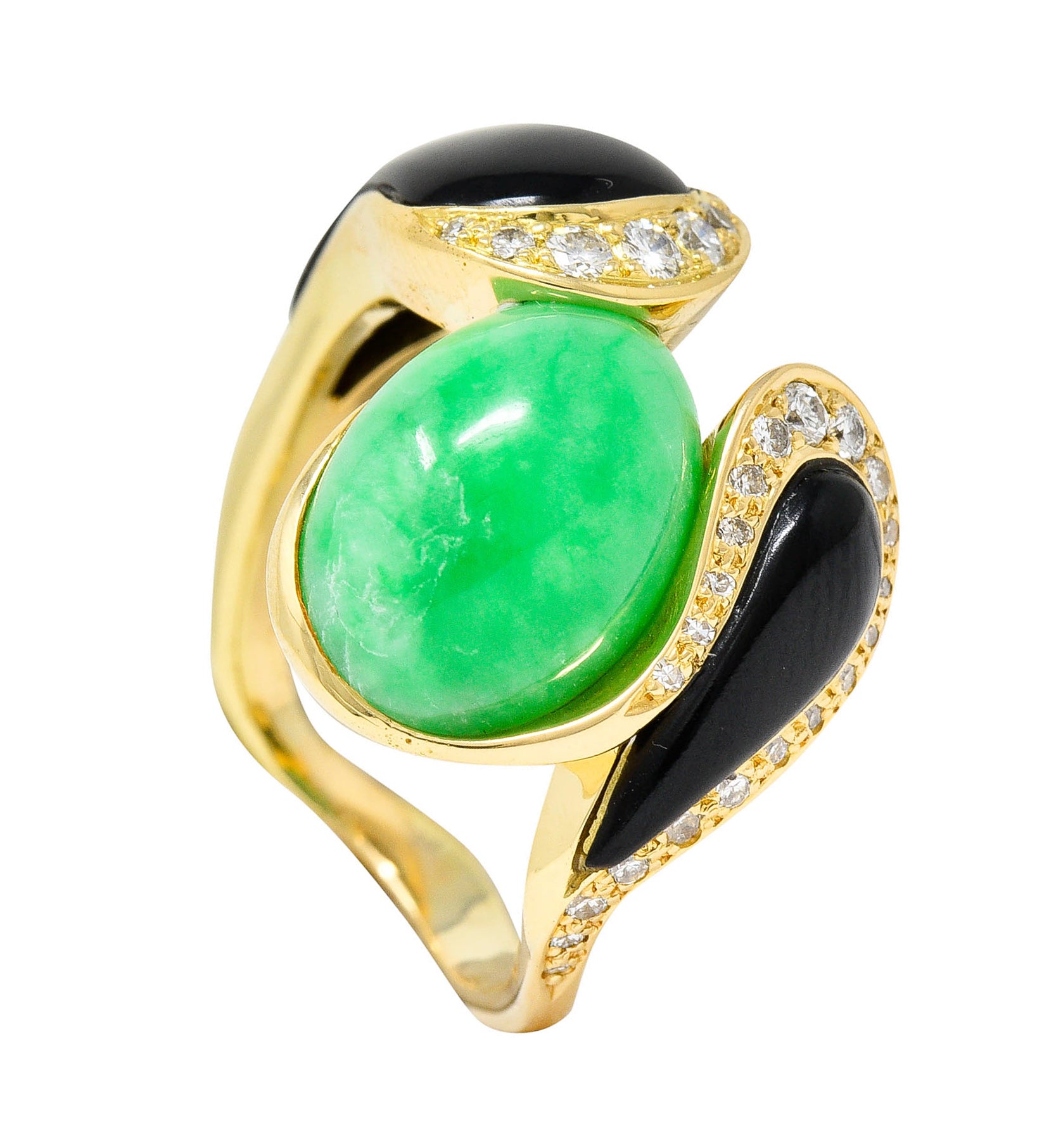 1980's Vintage Jade Onyx Diamond 18 Karat Two-Tone Gold Bypass RingRing - Wilson's Estate Jewelry