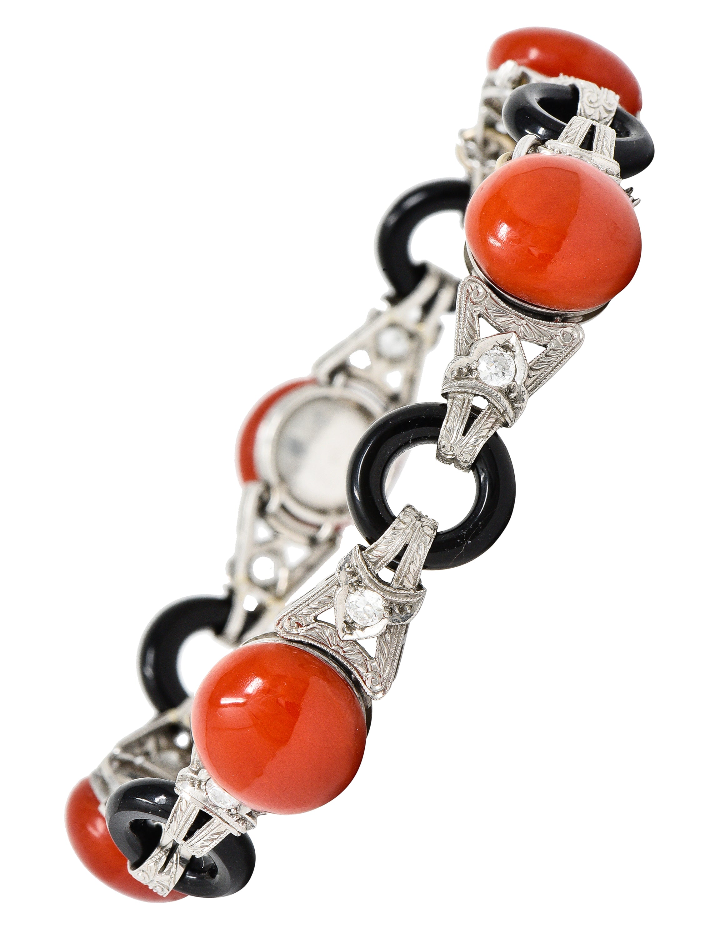 Art Deco Coral Onyx Diamond Platinum Engraved Link Gemstone Bracelet Wilson's Estate Jewelry