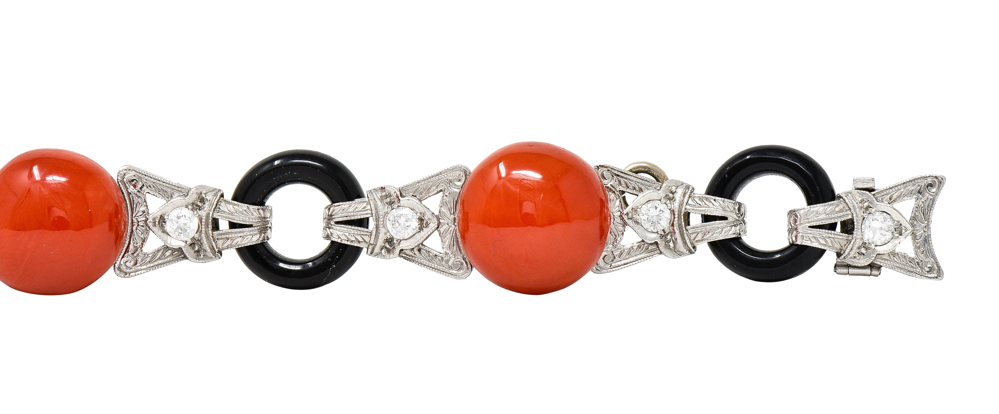 Art Deco Coral Onyx Diamond Platinum Engraved Link Gemstone Bracelet Wilson's Estate Jewelry