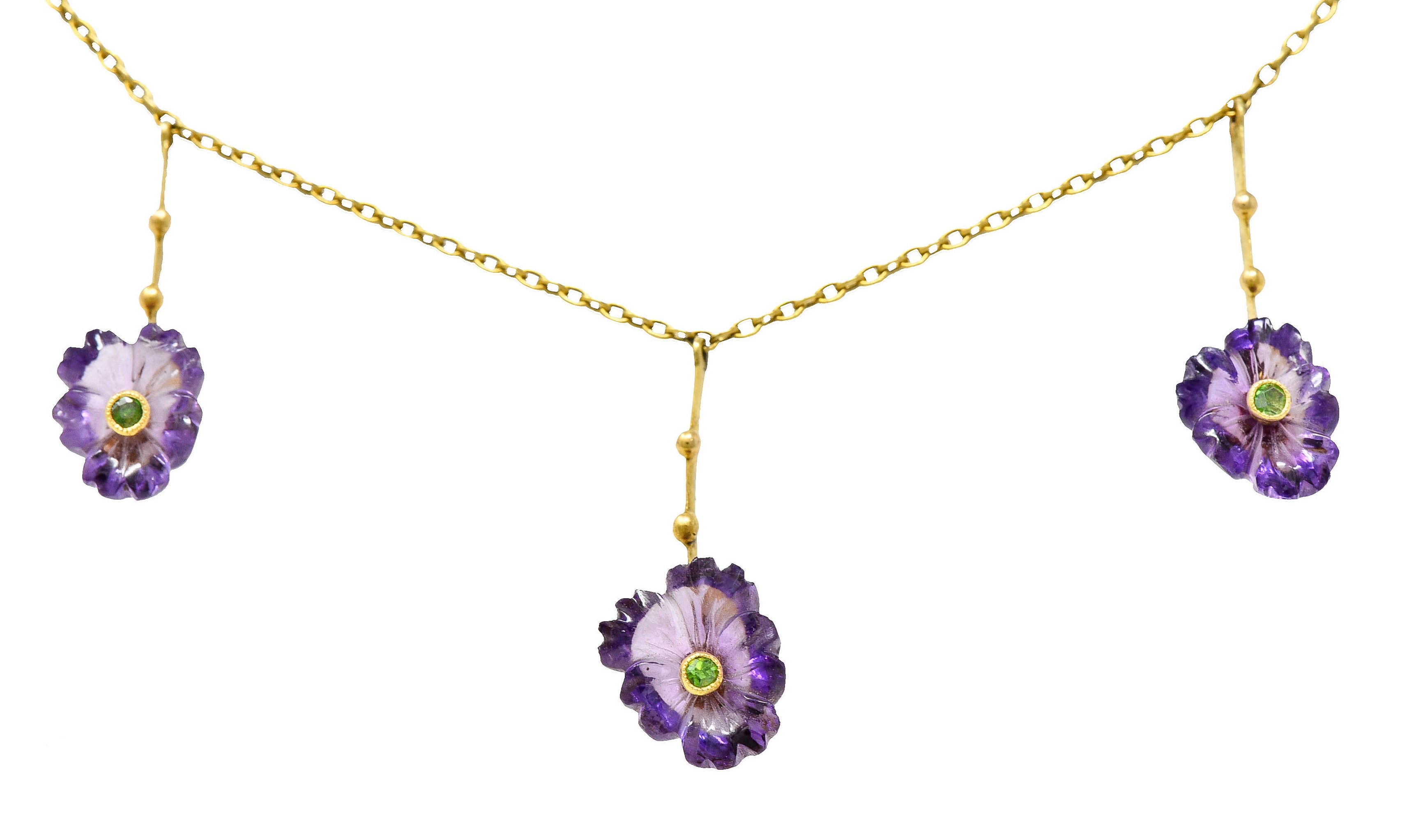 Victorian Amethyst Demantoid Garnet 18 Karat Gold Flower Drop NecklaceNecklace - Wilson's Estate Jewelry