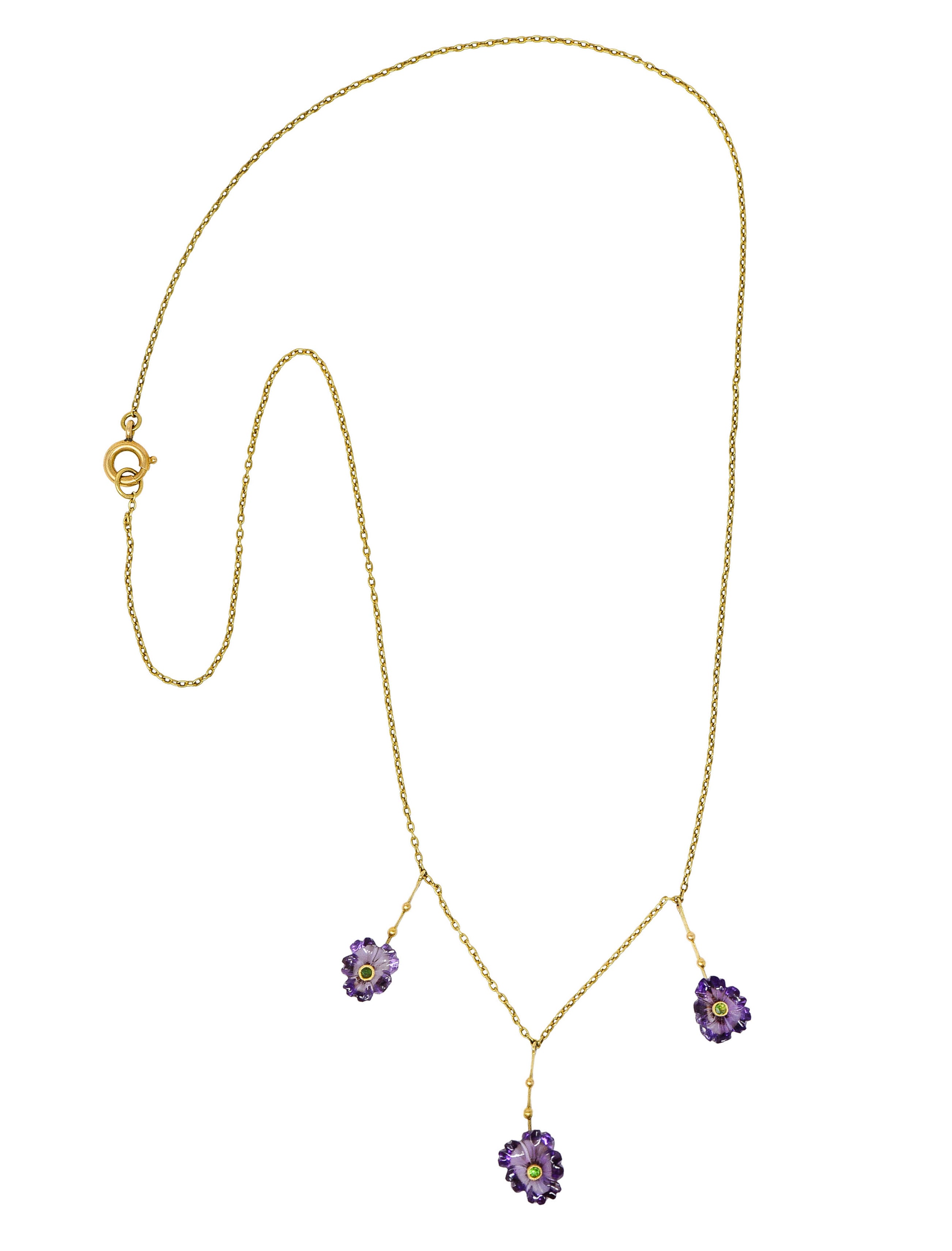 Victorian Amethyst Demantoid Garnet 18 Karat Gold Flower Drop NecklaceNecklace - Wilson's Estate Jewelry