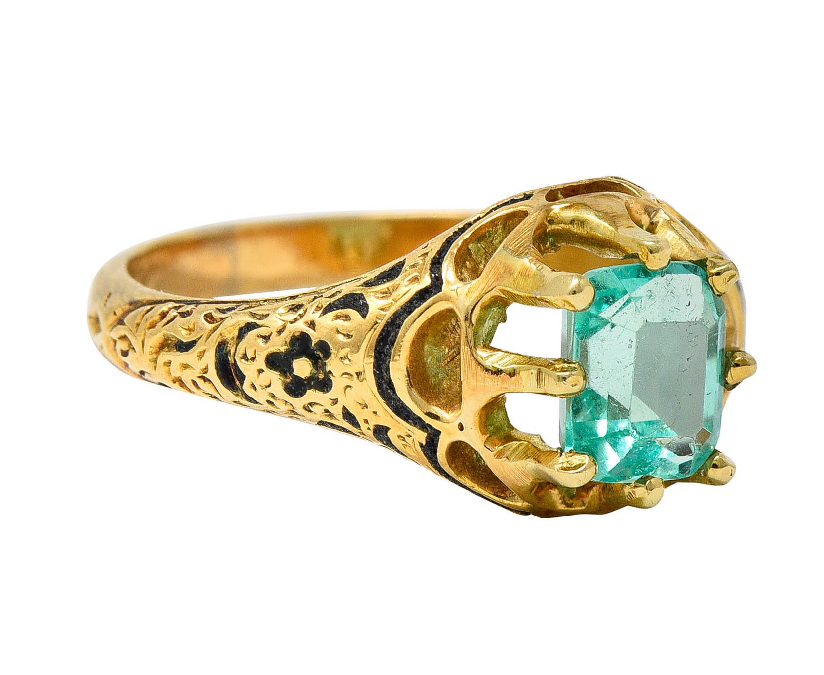 Victorian 0.90 CTW Emerald Enamel 14 Karat Yellow Gold Floral RingRing - Wilson's Estate Jewelry