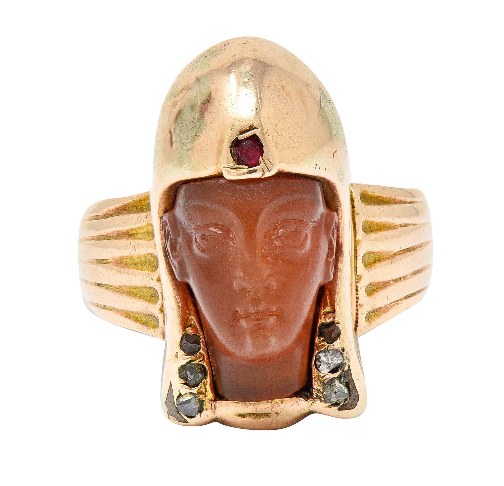 Victorian Egyptian Revival Carnelian Ruby Diamond 14 Karat Gold Pharaoh RingRing - Wilson's Estate Jewelry