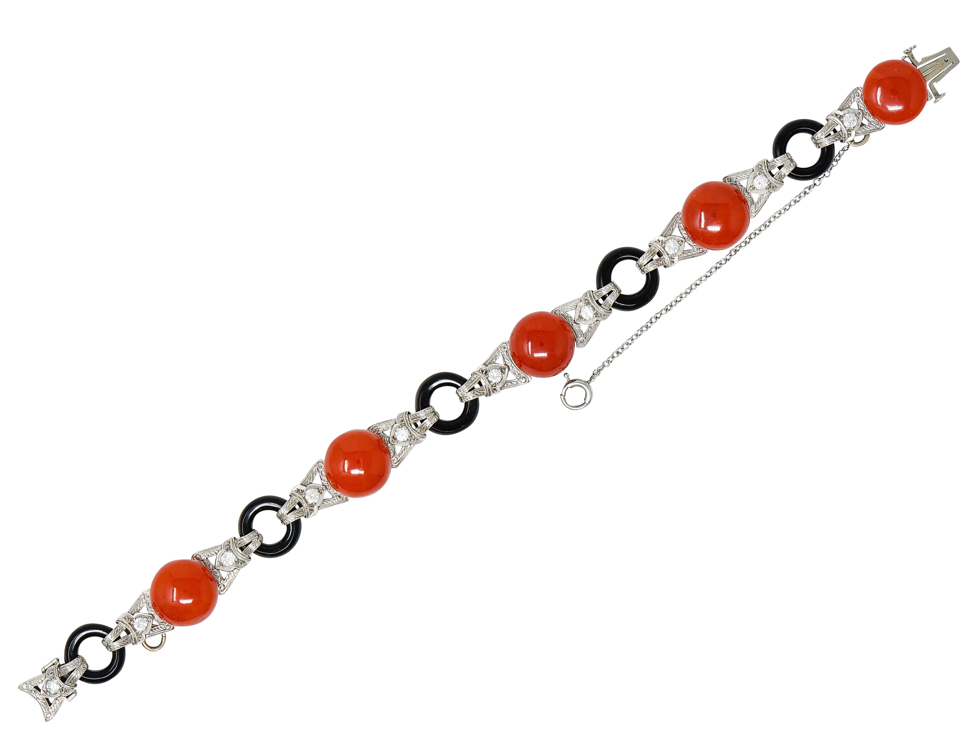 Art Deco Coral Onyx Diamond Platinum Engraved Link Gemstone Bracelet Wilson's Estate Jewelry