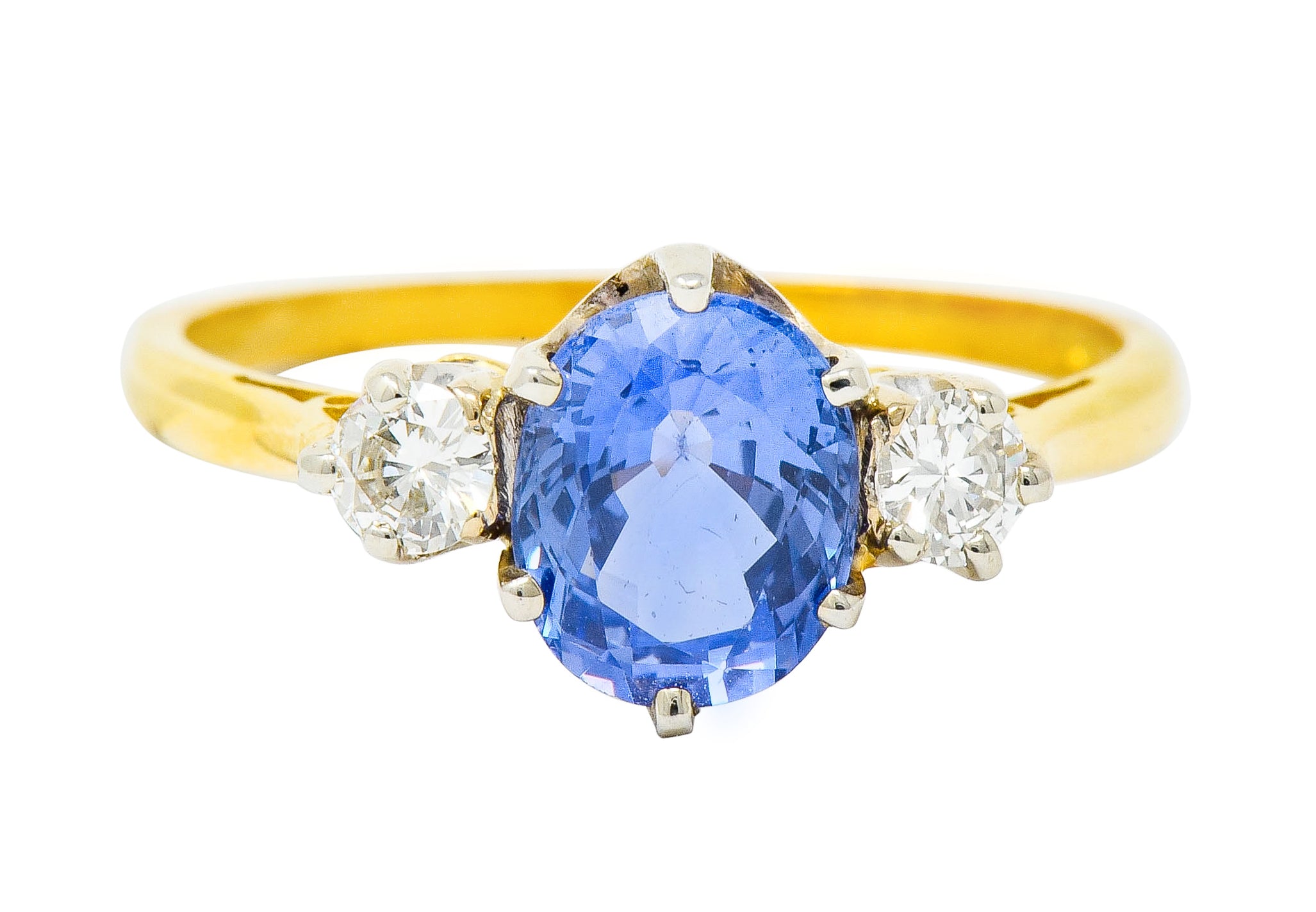 1955 Mid-Century 1.70 CTW Sapphire Diamond 18 Karat Two-Tone Gold Three Stone Ring - Wilson's Estate Jewelry