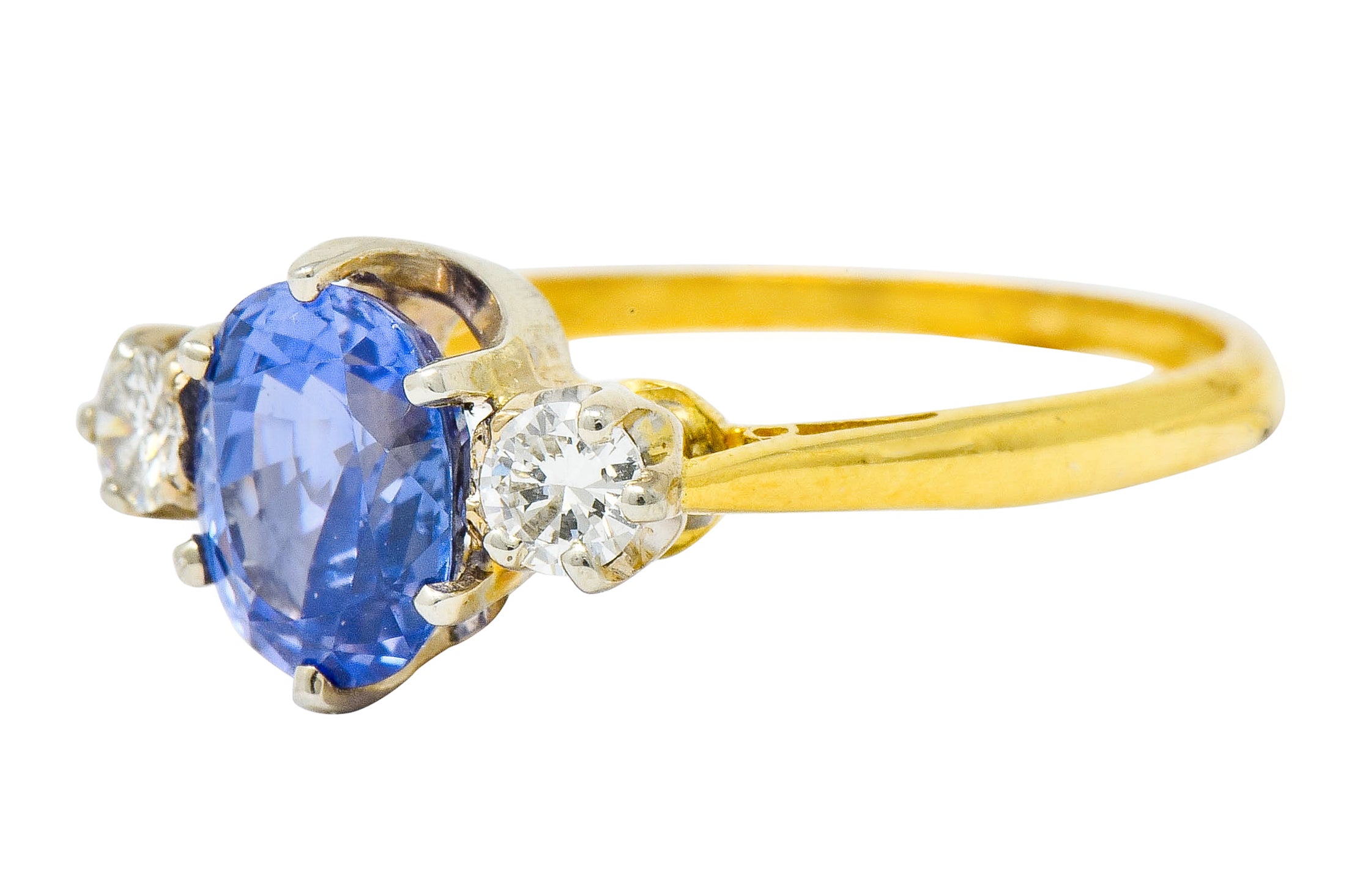 1955 Mid-Century 1.70 CTW Sapphire Diamond 18 Karat Two-Tone Gold Three Stone Ring - Wilson's Estate Jewelry