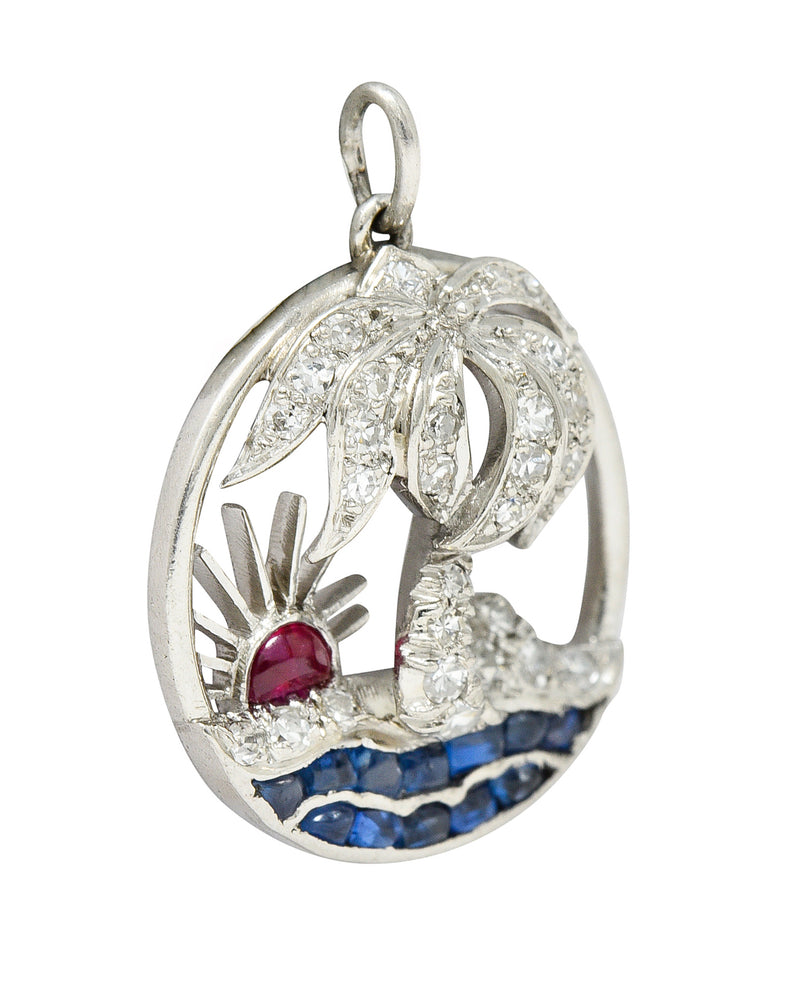 Art Deco Diamond Ruby Sapphire Platinum Palm Tree Tropical Beach Charm Wilson's Estate Jewelry