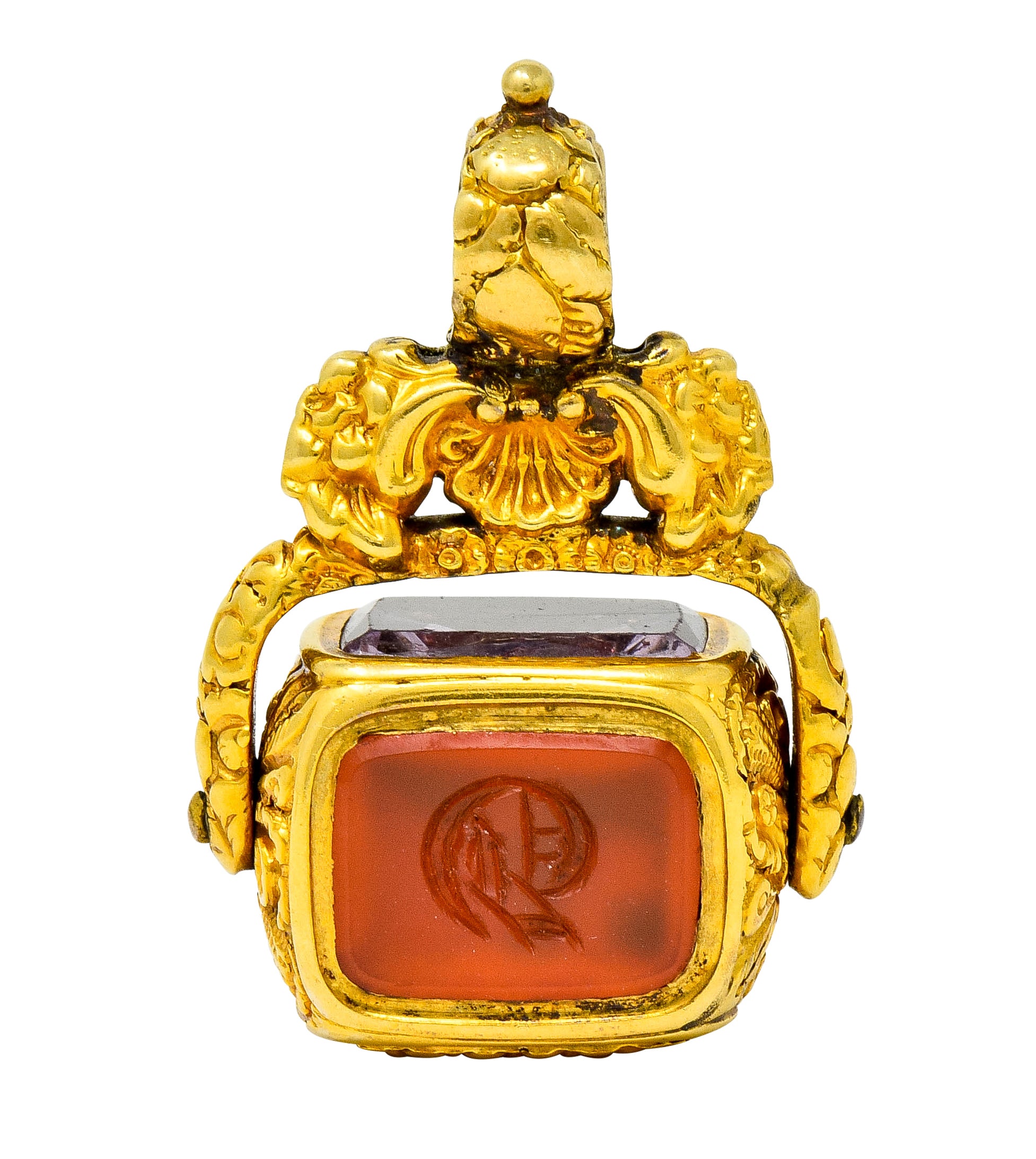 Georgian Amethyst Carnelian Citrine 18 Karat Gold Rotating Fob Pendant - Wilson's Estate Jewelry