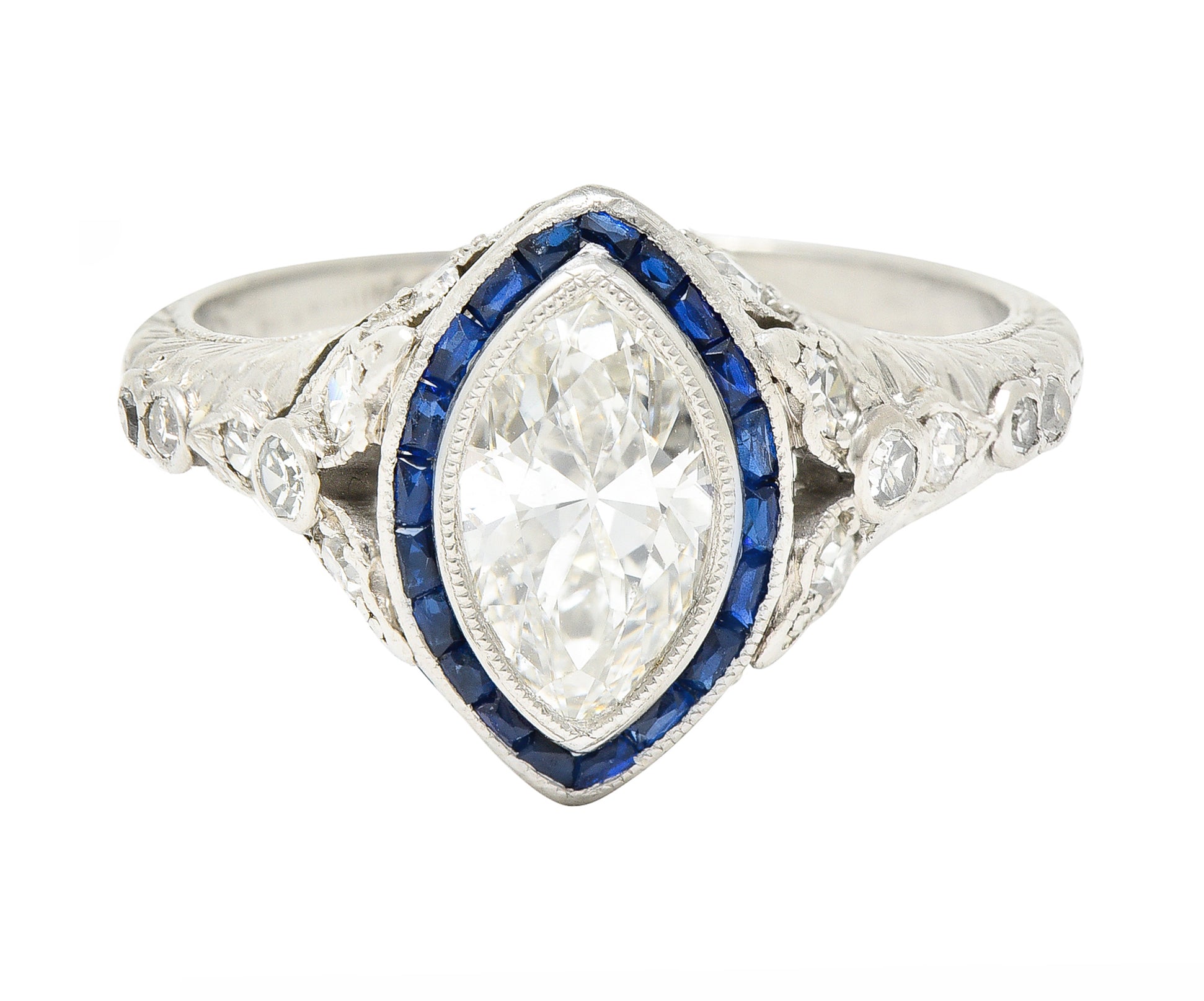 Katz & Ogush Inc. Art Deco 1.88 CTW Marquise Cut Diamond French Cut Sapphire Platinum Holly Halo Engagement Ring Wilson's Estate Jewelry