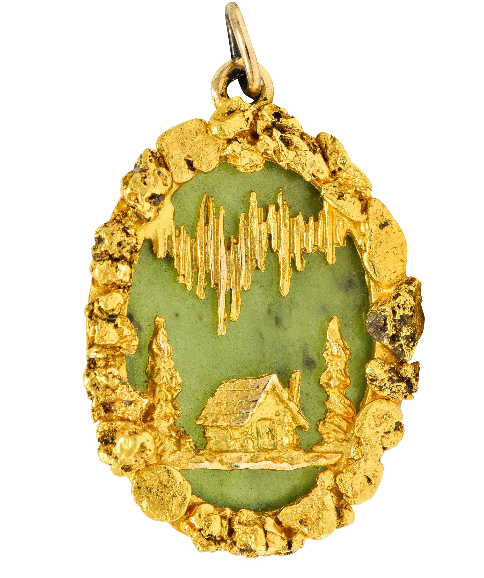 Art Nouveau Nephrite Jade 18 Karat Gold Rush California Cabin Pendant Charmcharm - Wilson's Estate Jewelry