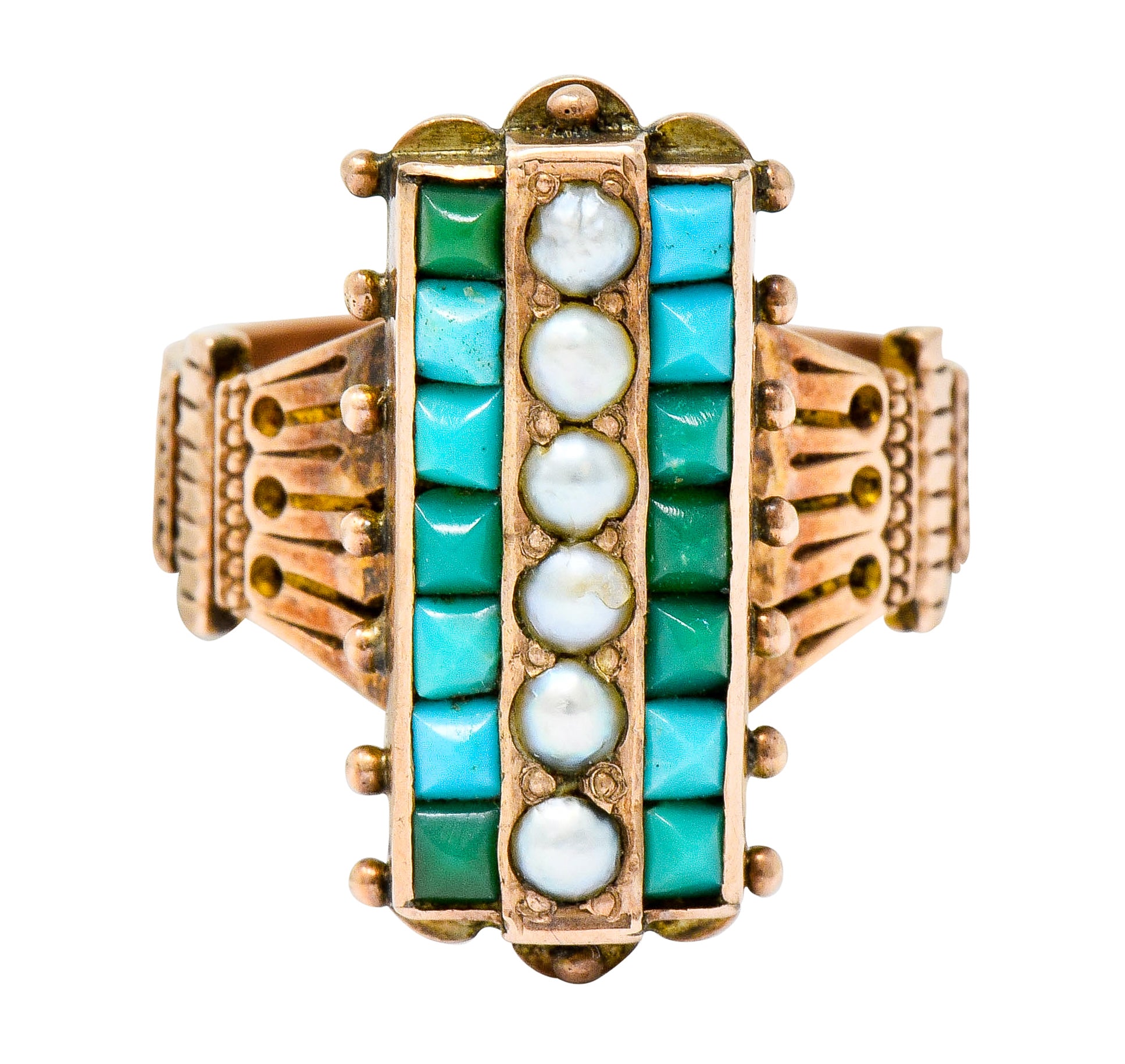 Victorian Etruscan Revival Natural Seed Pearl Turquoise 14 Karat Rose Gold Ring - Wilson's Estate Jewelry