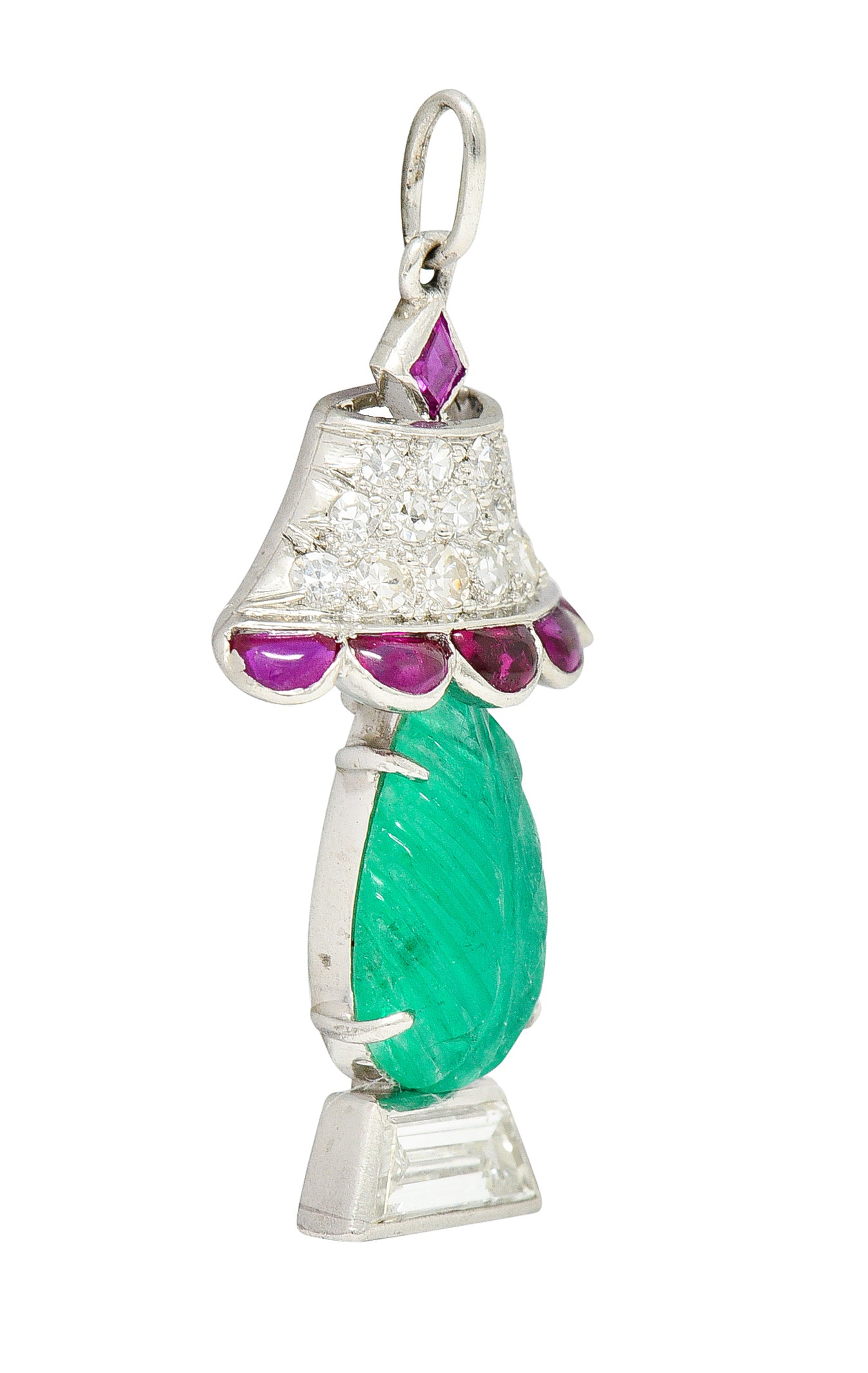 Art Deco Ruby Diamond Mughal Emerald Platinum Lamp Charm Wilson's Estate Jewelry