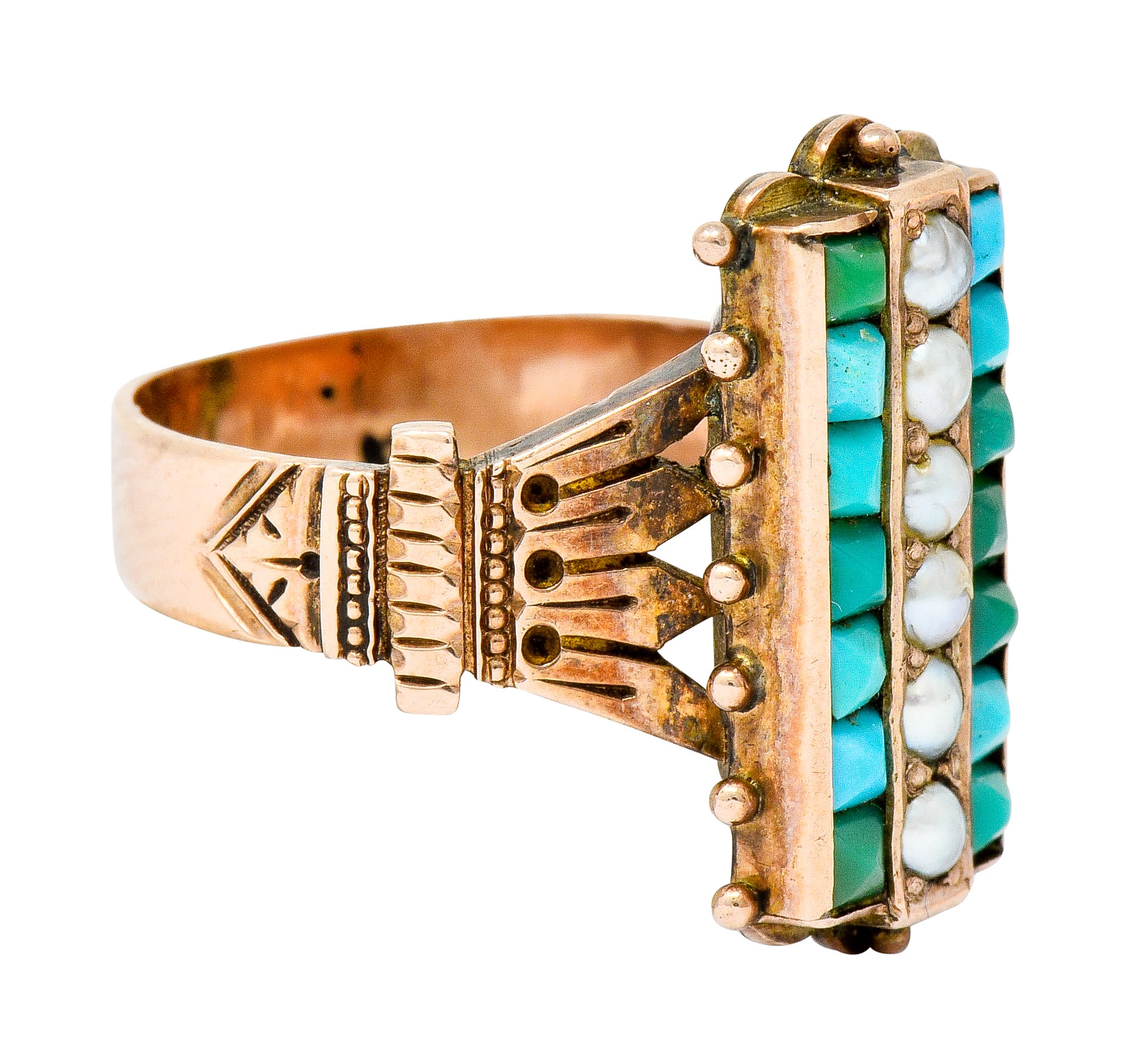 Victorian Etruscan Revival Natural Seed Pearl Turquoise 14 Karat Rose Gold Ring - Wilson's Estate Jewelry