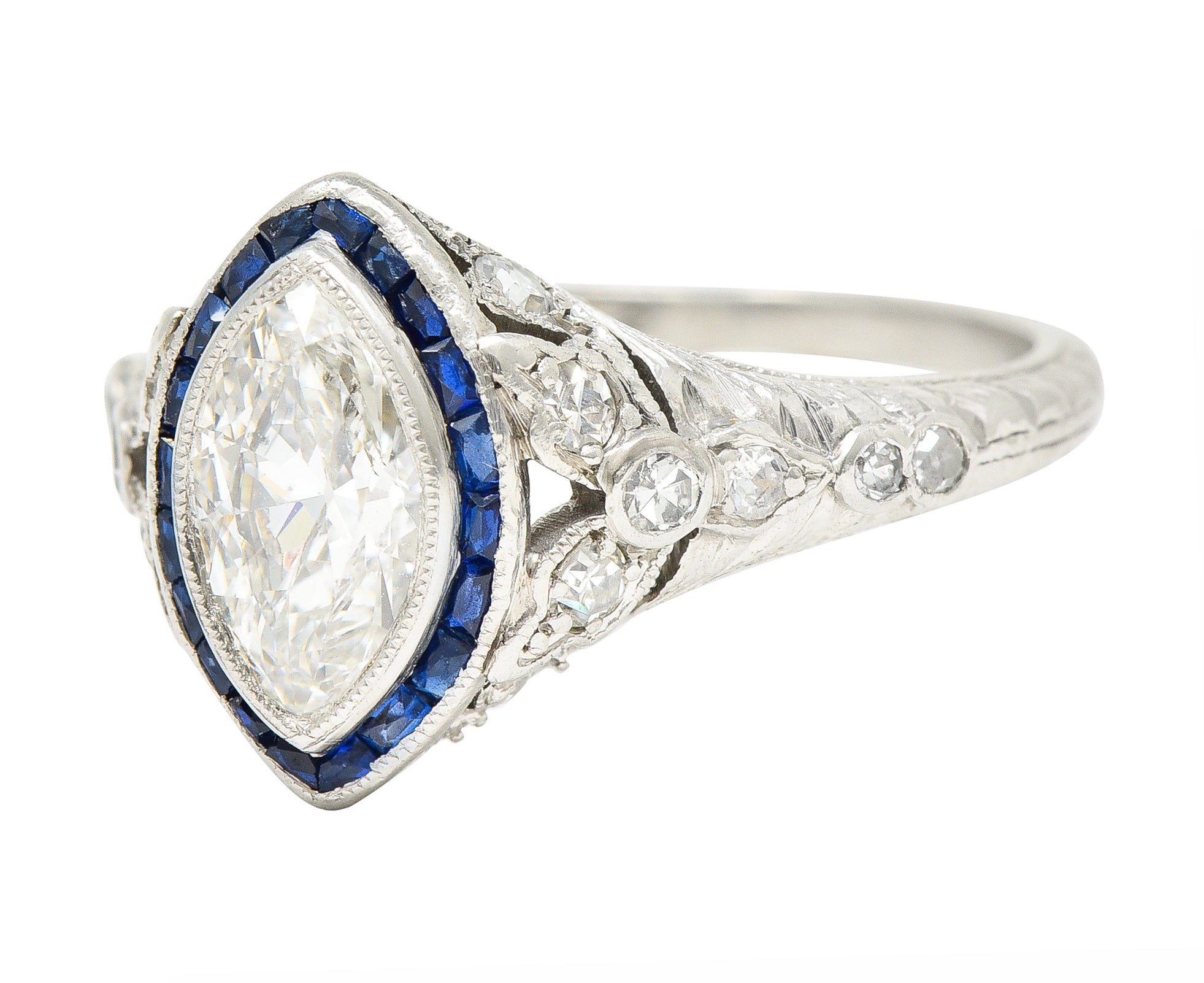 Katz & Ogush Inc. Art Deco 1.88 CTW Marquise Cut Diamond French Cut Sapphire Platinum Holly Halo Engagement Ring Wilson's Estate Jewelry