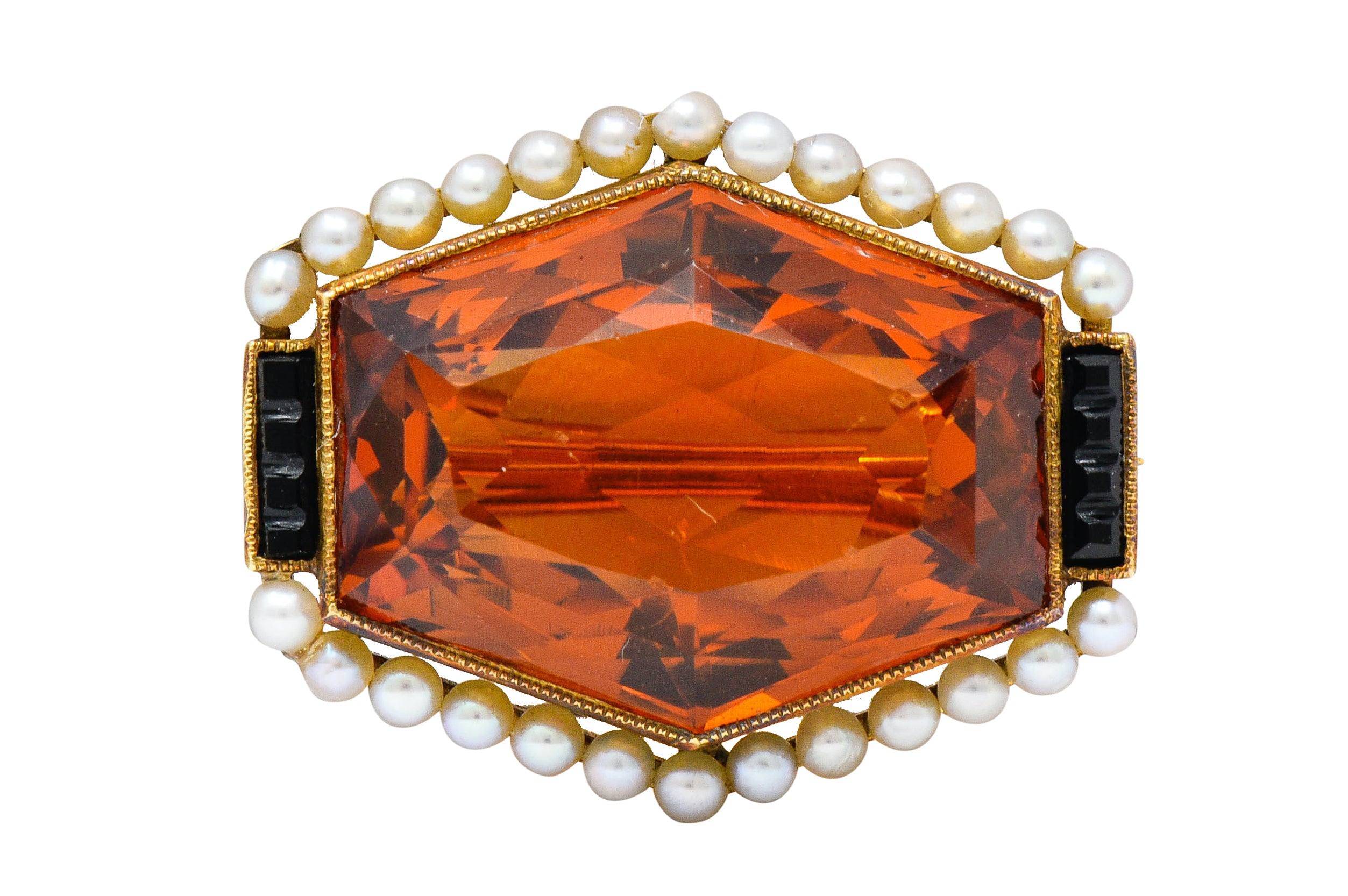 Early Art Deco Citrine Pearl Onyx 14 Karat Gold Hexagonal BroochBrooch - Wilson's Estate Jewelry