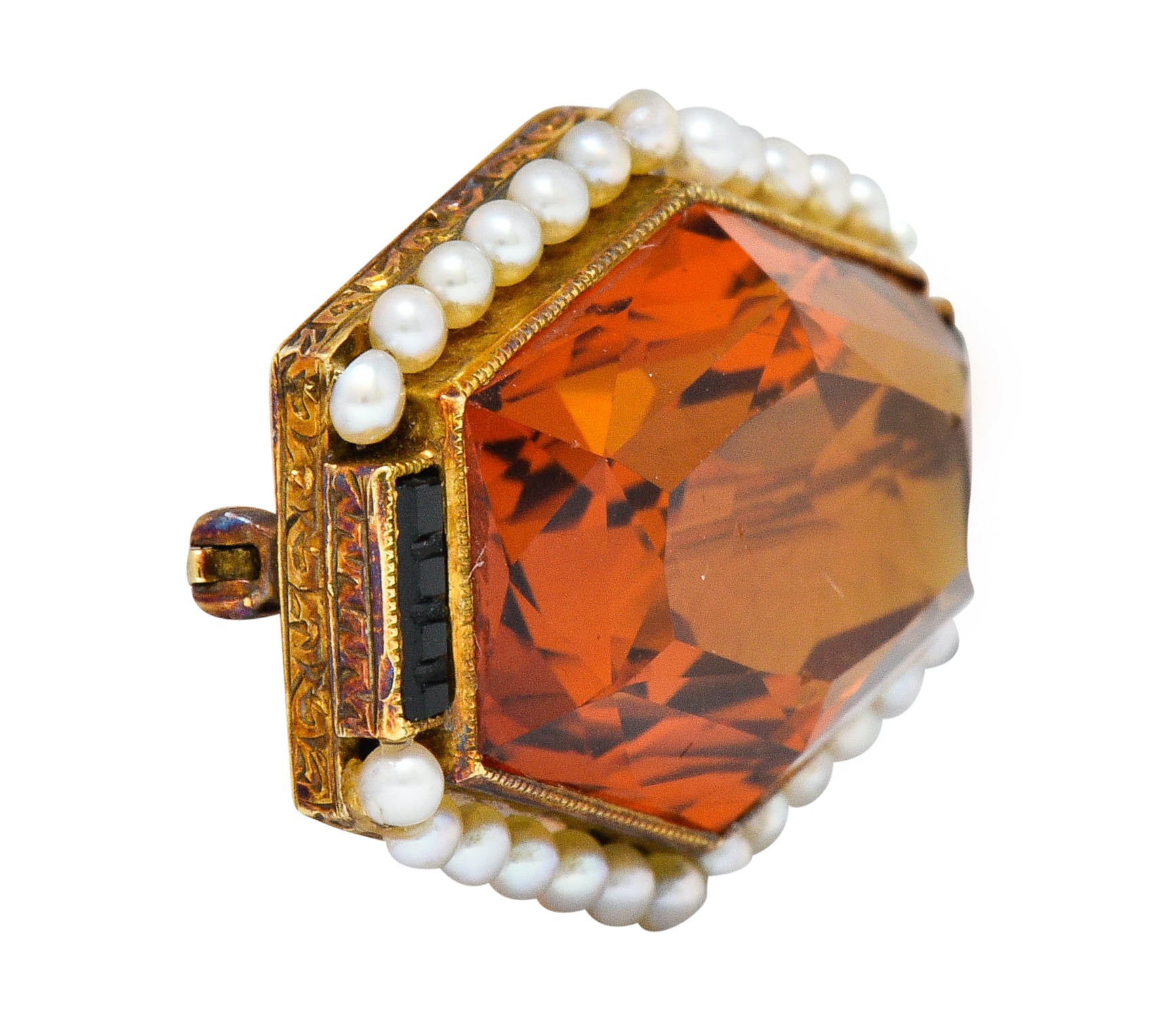 Early Art Deco Citrine Pearl Onyx 14 Karat Gold Hexagonal BroochBrooch - Wilson's Estate Jewelry