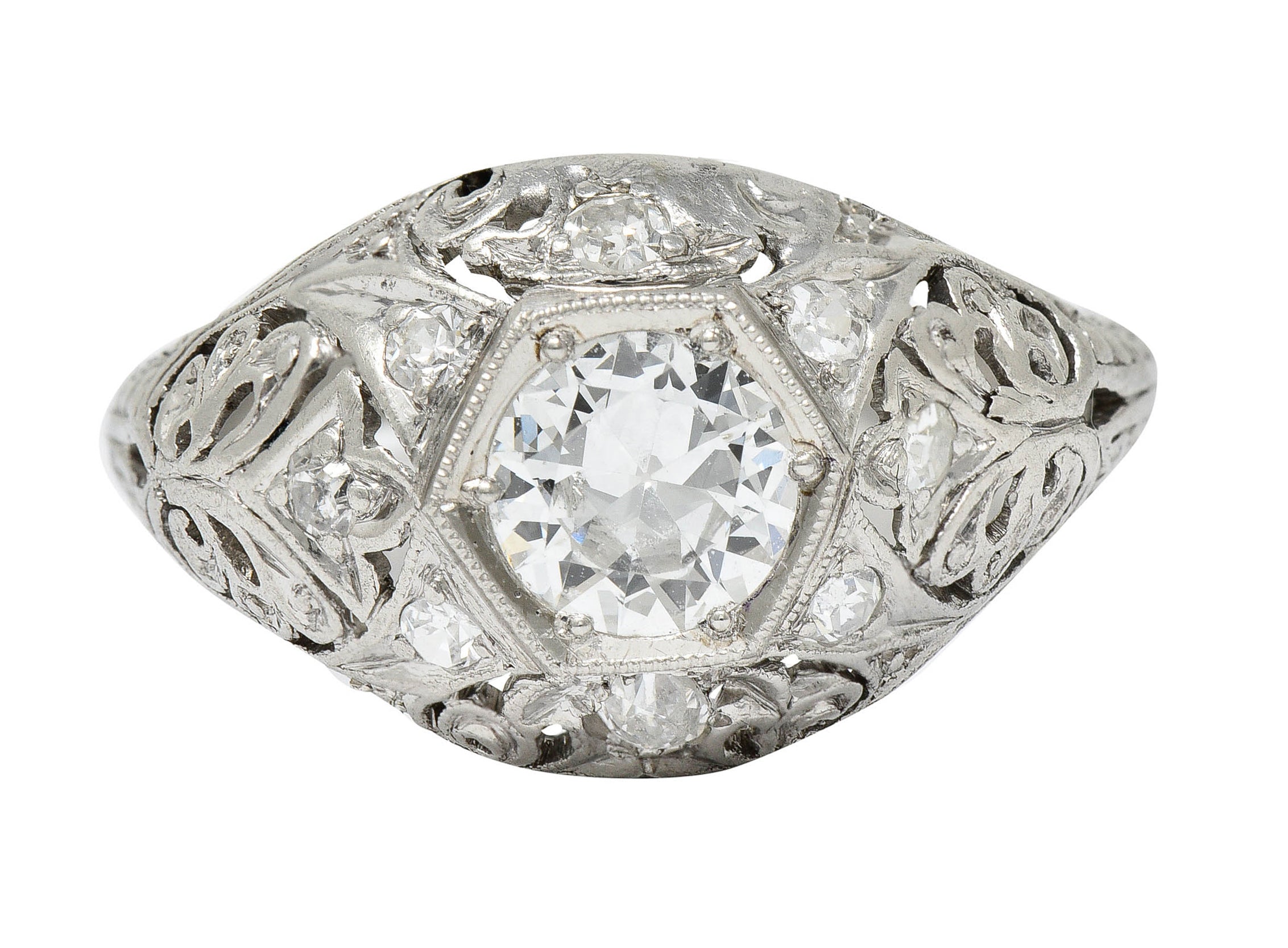 Edwardian 0.90 CTW Diamond Platinum Foliate Bombe Band RingRing - Wilson's Estate Jewelry