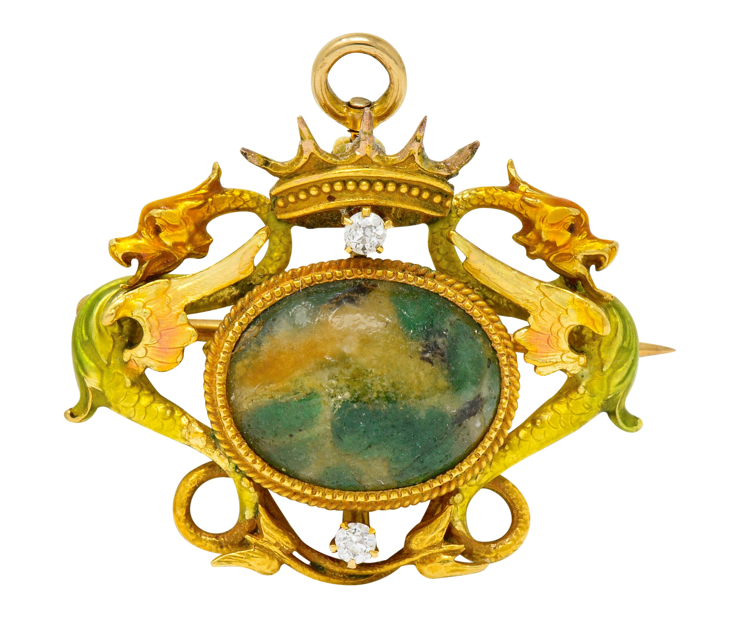 Krementz Art Nouveau Hardstone Diamond Enamel 14 Karat Gold Dragon Cabochon Pendant Brooch - Wilson's Estate Jewelry