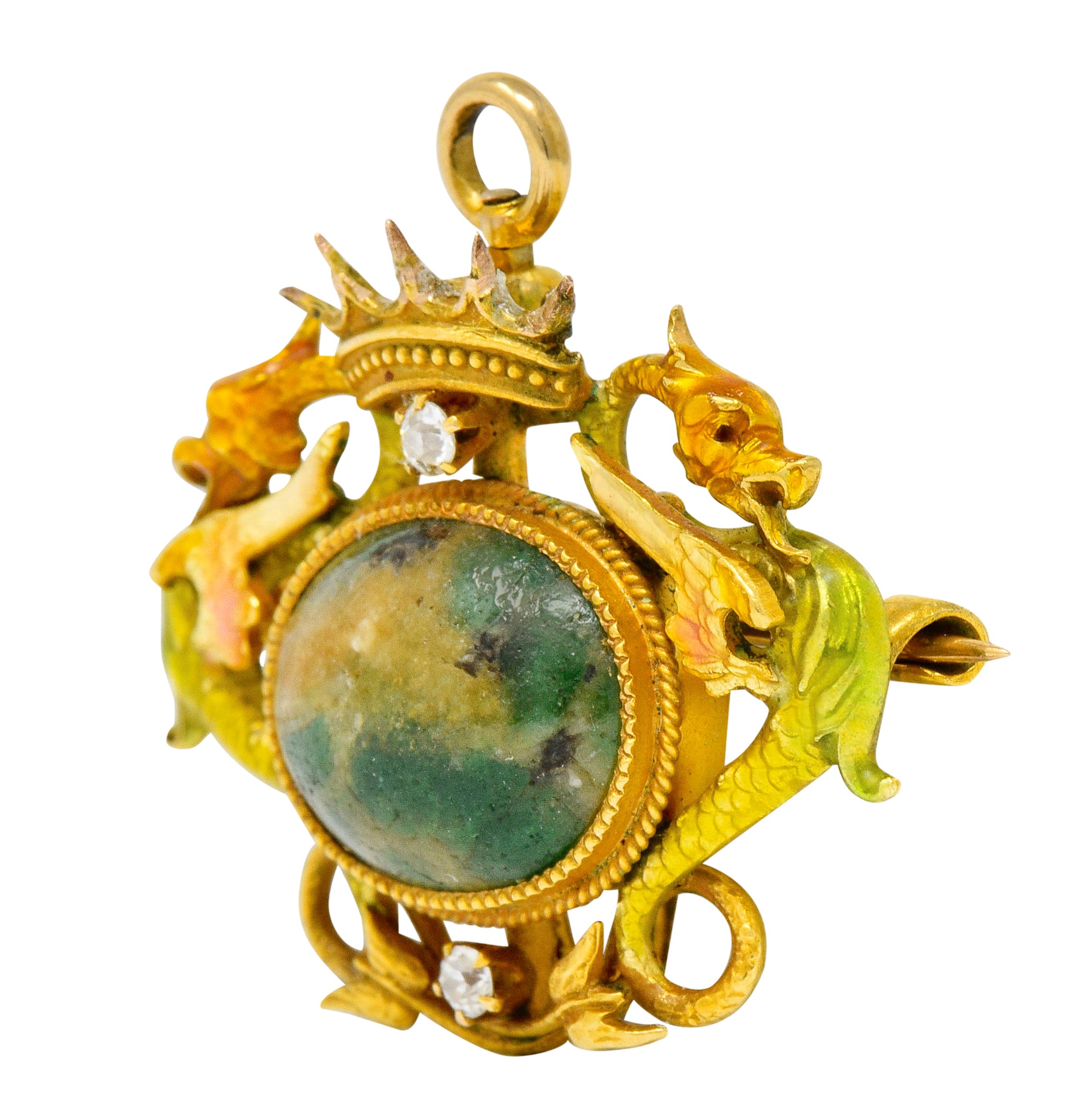 Krementz Art Nouveau Hardstone Diamond Enamel 14 Karat Gold Dragon Cabochon Pendant Brooch - Wilson's Estate Jewelry