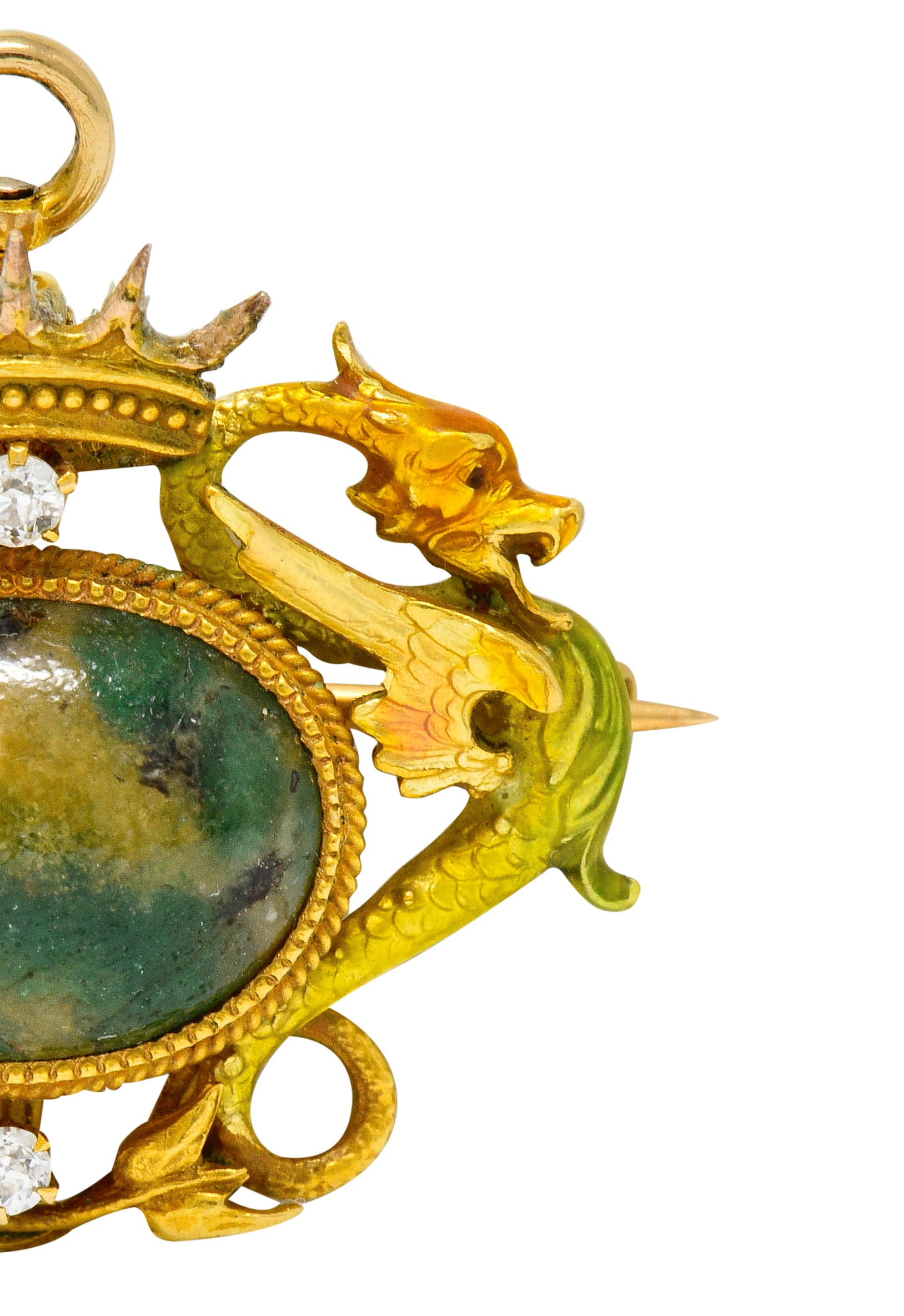 Krementz Art Nouveau Hardstone Diamond Enamel 14 Karat Gold Dragon Cabochon Pendant Brooch - Wilson's Estate Jewelry