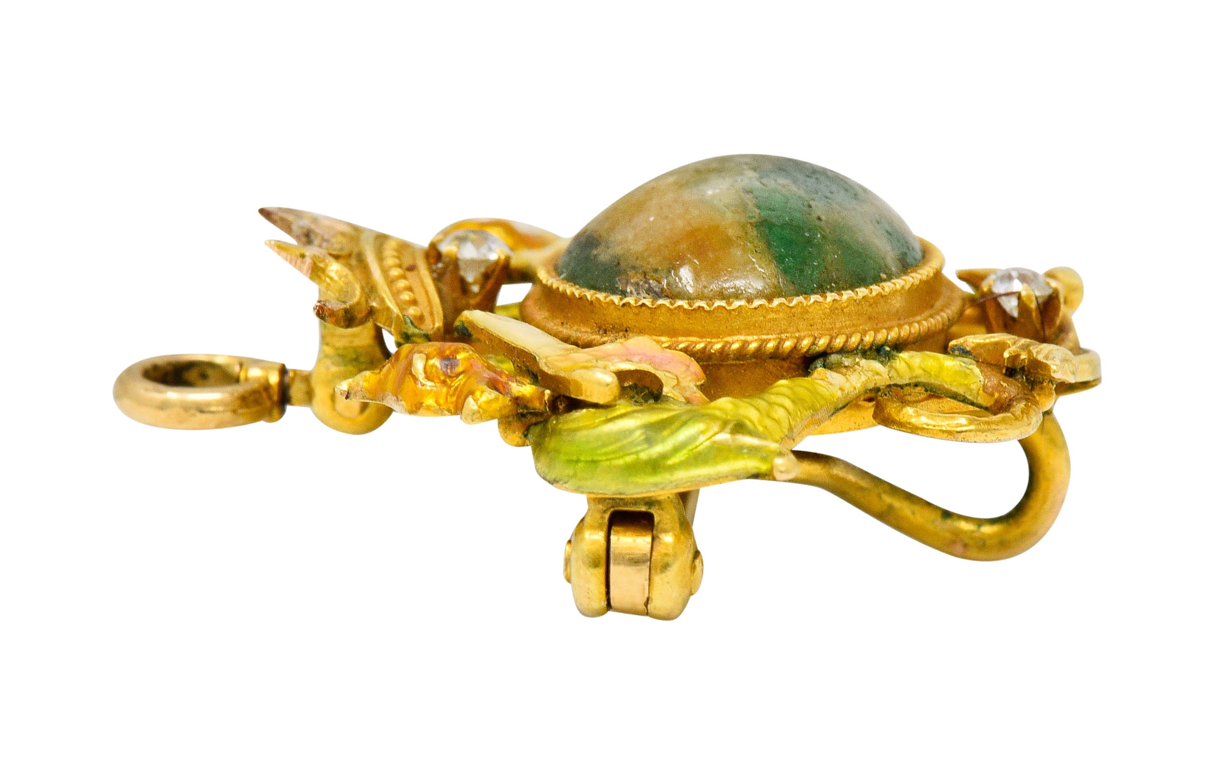 Krementz Art Nouveau Hardstone Diamond Enamel 14 Karat Gold Dragon Cabochon Pendant Brooch - Wilson's Estate Jewelry