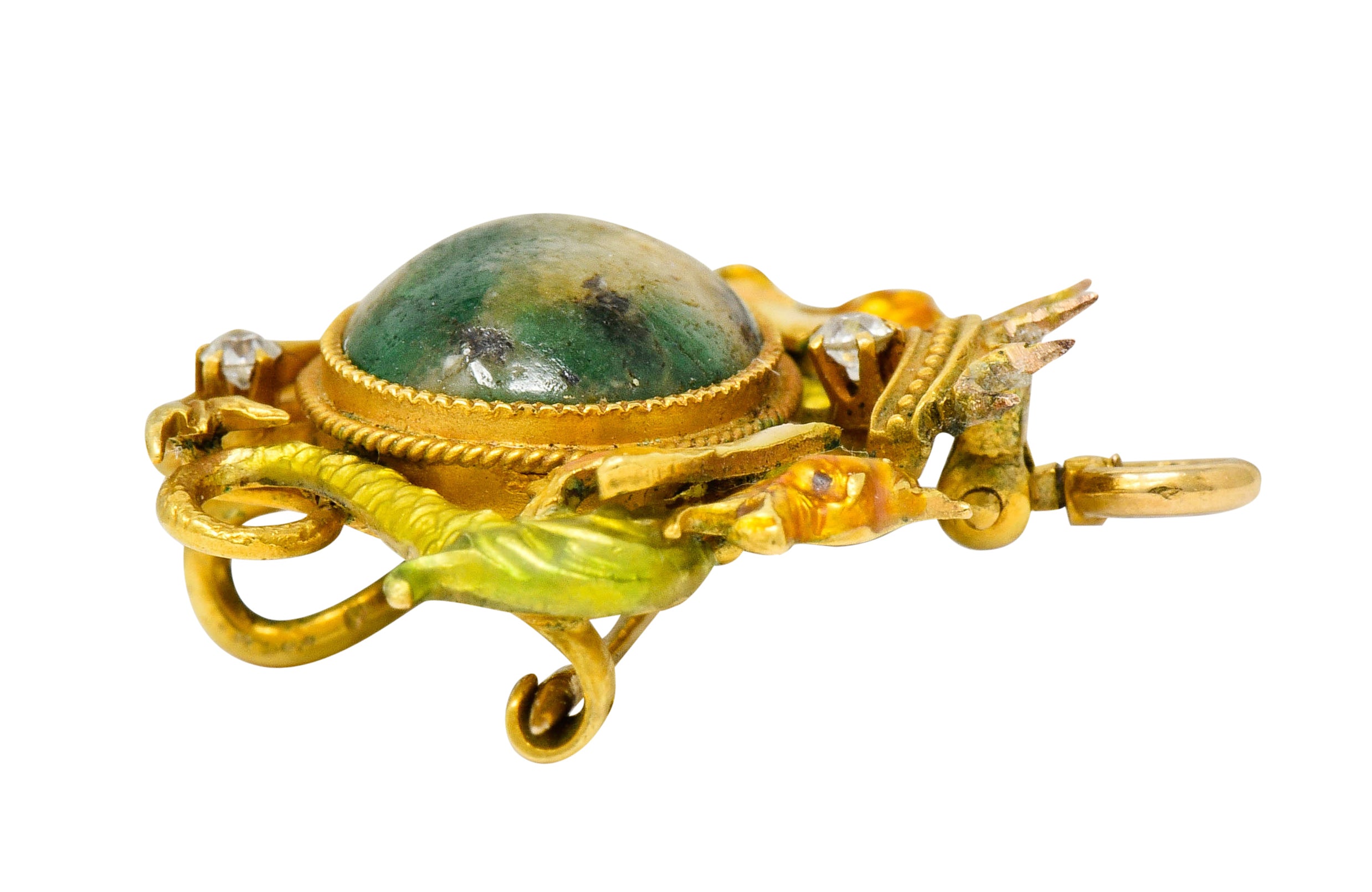 Krementz Art Nouveau Hardstone Diamond Enamel 14 Karat Gold Dragon Cabochon Pendant Brooch - Wilson's Estate Jewelry