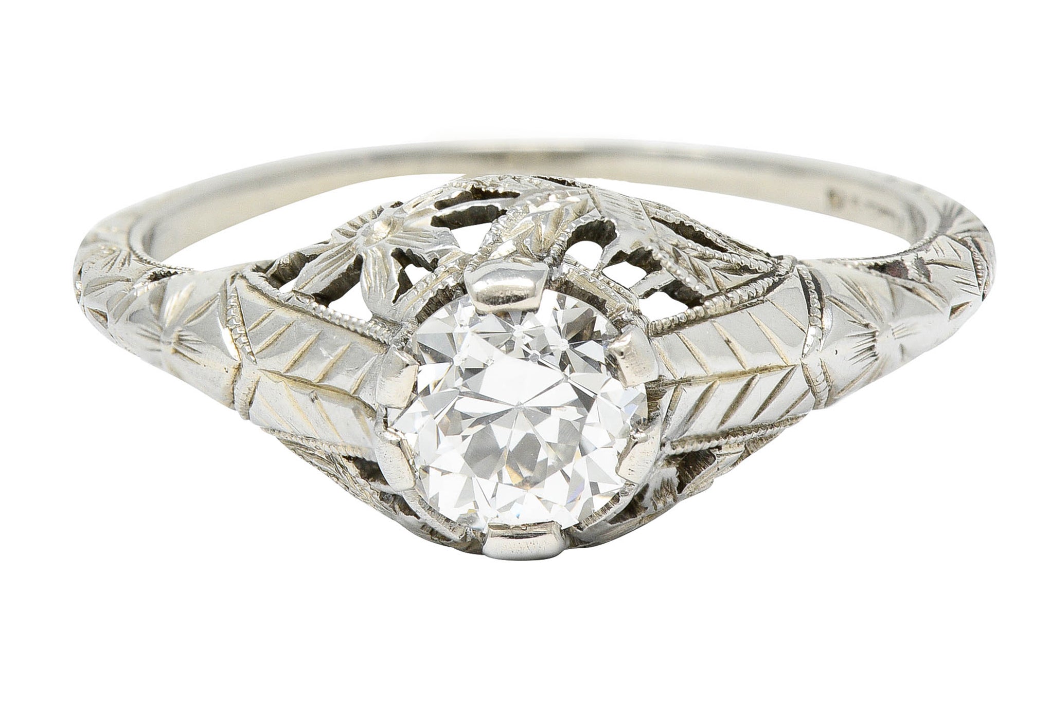 Art Deco 0.81 CTW Diamond 18 Karat White Gold Floral Engagement Ring GIARing - Wilson's Estate Jewelry