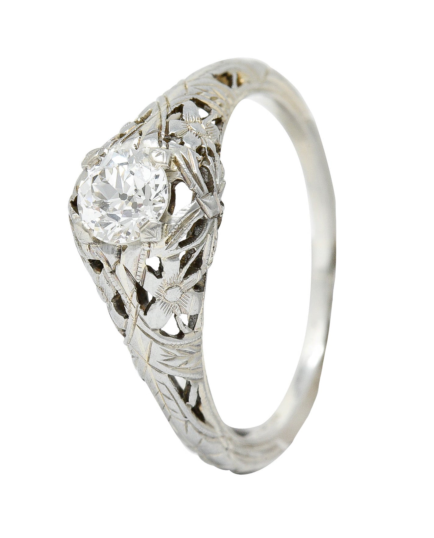 1930's Belias 0.45 CTW Diamond 18 Karat White Gold Floral Engagement RingRing - Wilson's Estate Jewelry