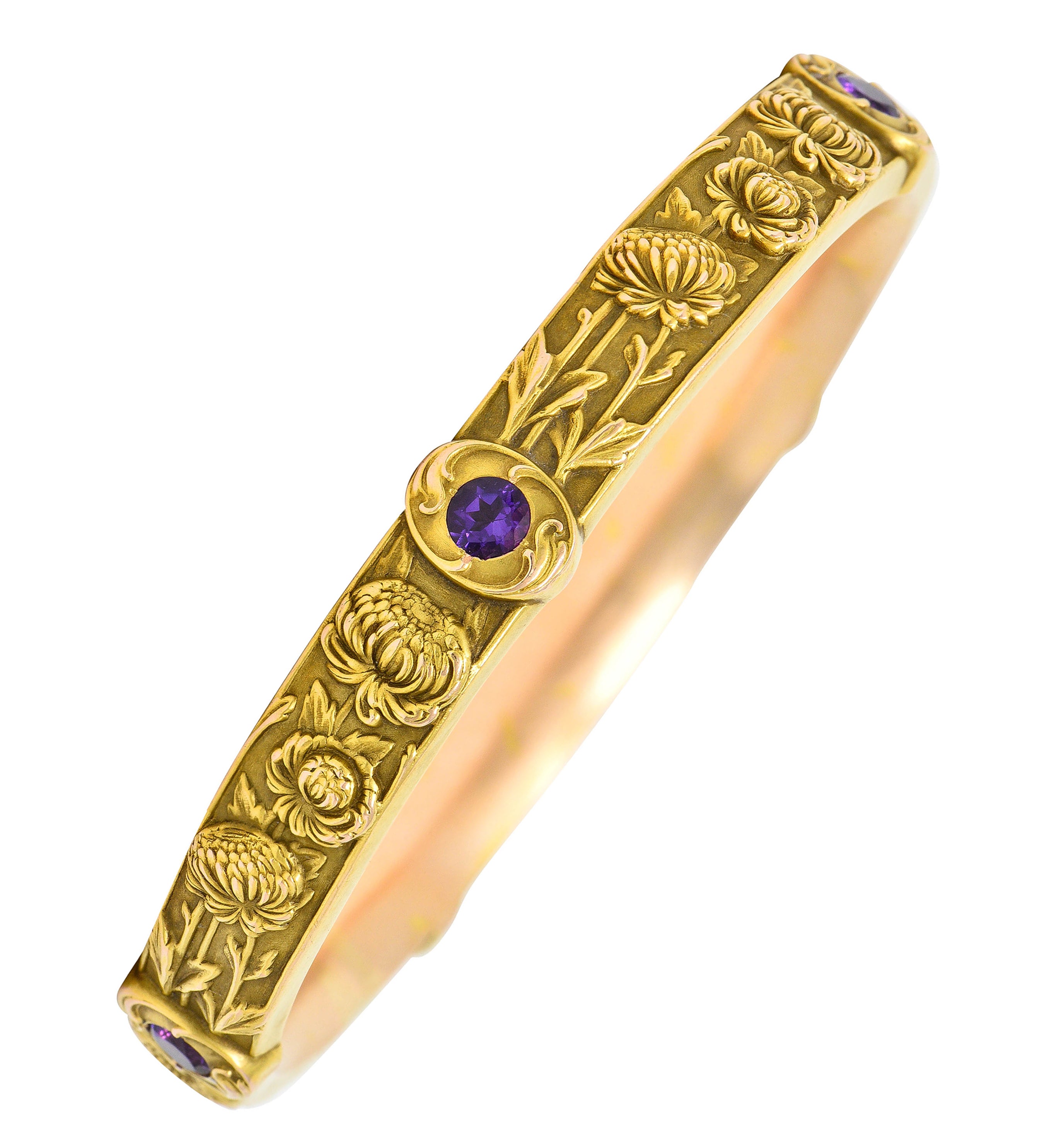 Riker Brothers Art Nouveau Floral Amethyst 14 Karat Gold Chrysanthemum Flower Bangle Braceletbracelet - Wilson's Estate Jewelry