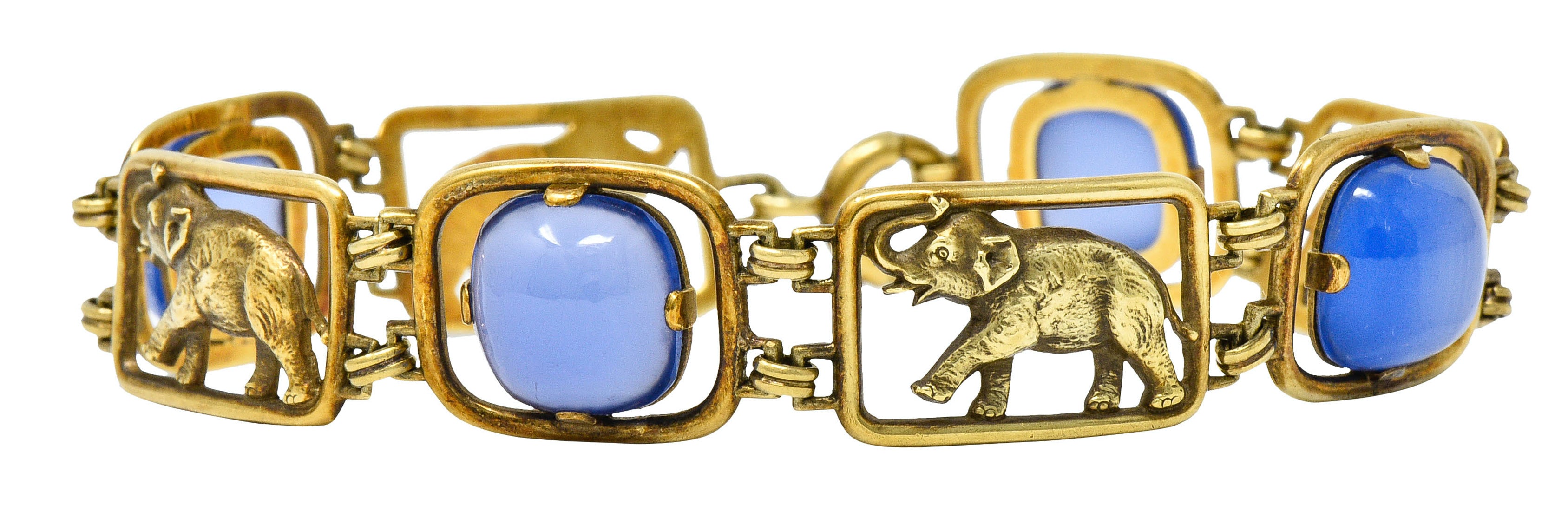 Carter & Gough Art Nouveau Chrysoprase 14 Karat Gold Elephant Link Braceletbracelet - Wilson's Estate Jewelry