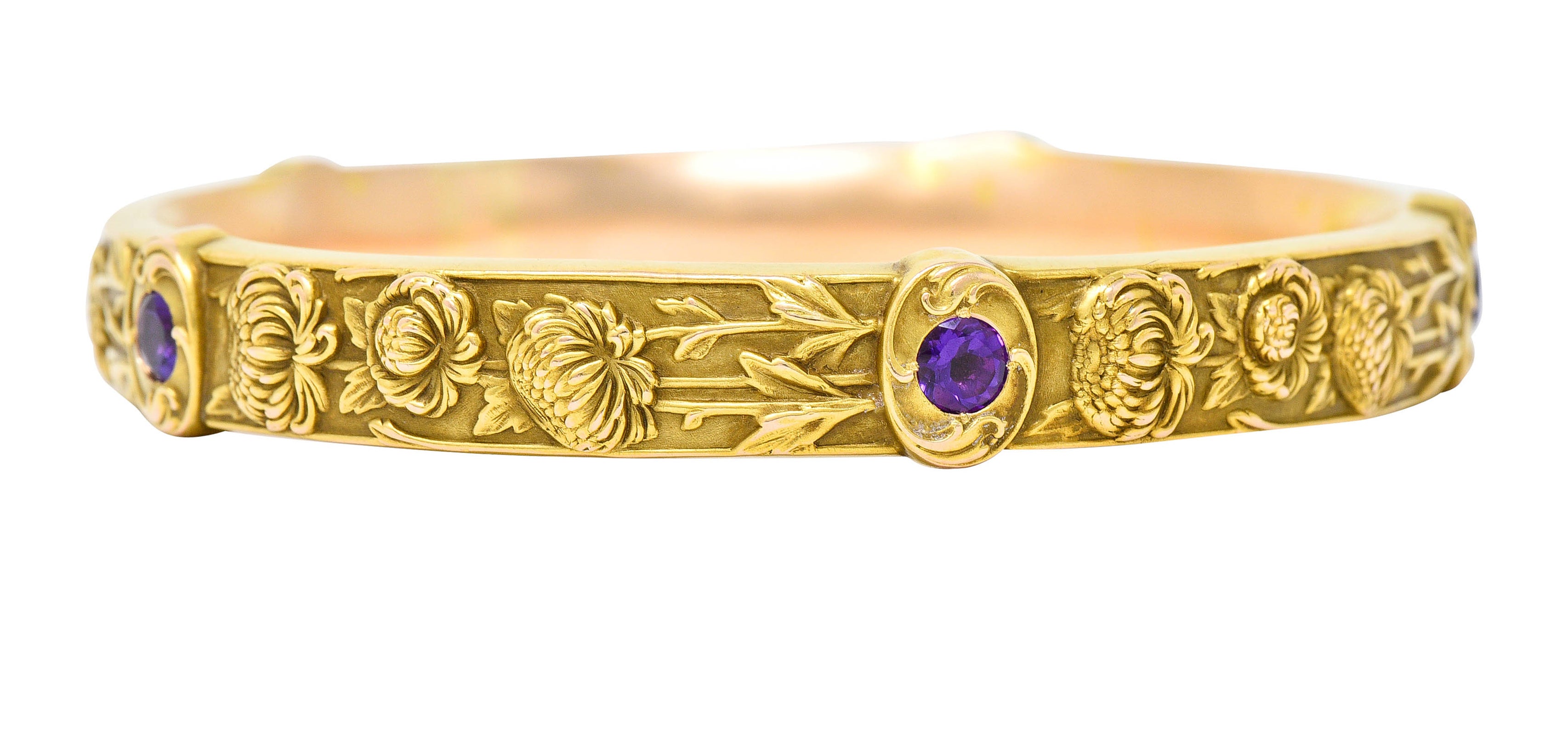 Riker Brothers Art Nouveau Floral Amethyst 14 Karat Gold Chrysanthemum Flower Bangle Braceletbracelet - Wilson's Estate Jewelry