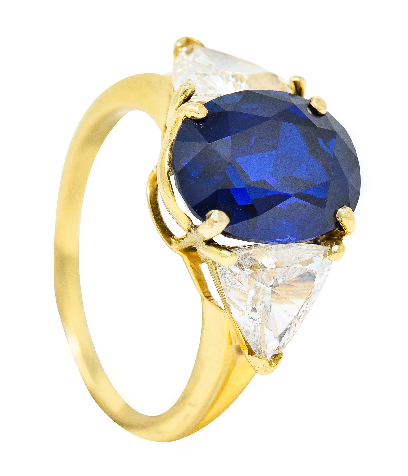 1990's French 5.92 CTW Madagascar Sapphire Diamond 18 Karat Yellow Gold Vintage Ring GIA Wilson's Estate Jewelry