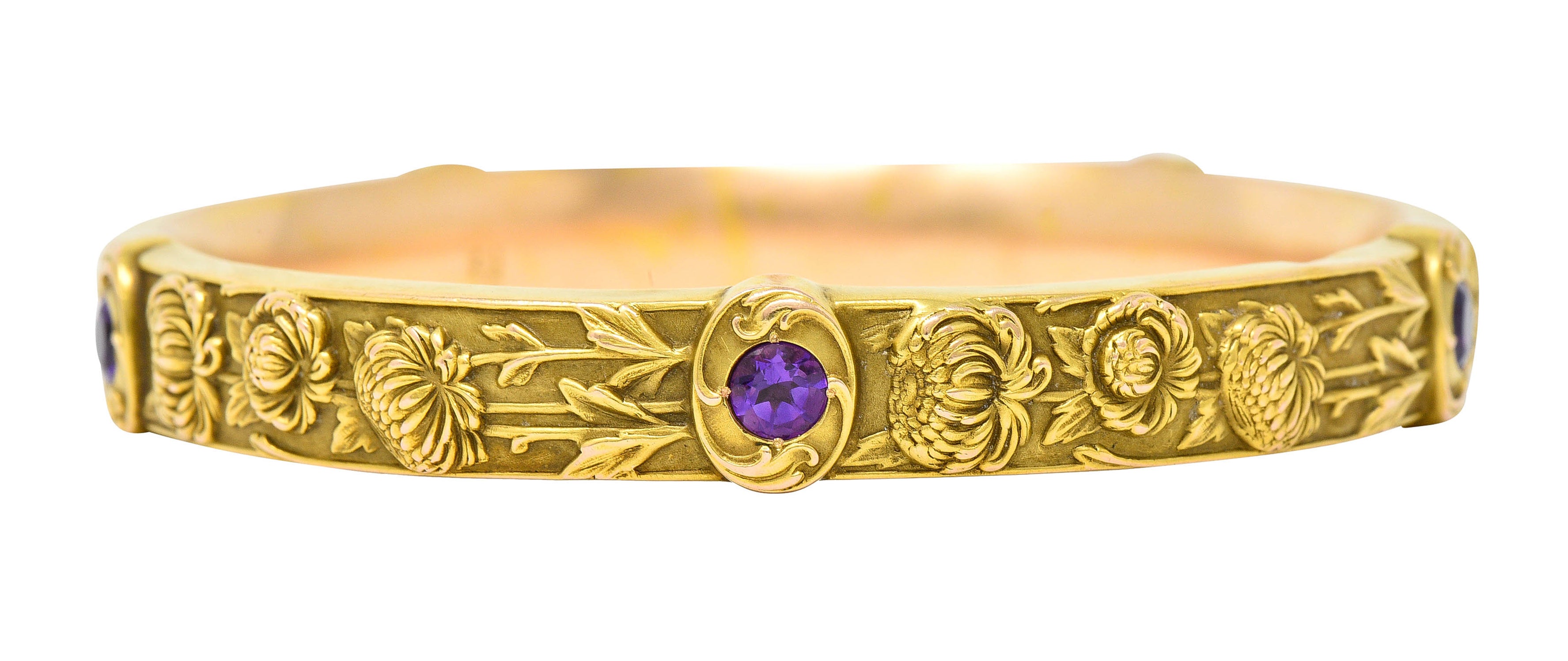 Riker Brothers Art Nouveau Floral Amethyst 14 Karat Gold Chrysanthemum Flower Bangle Braceletbracelet - Wilson's Estate Jewelry