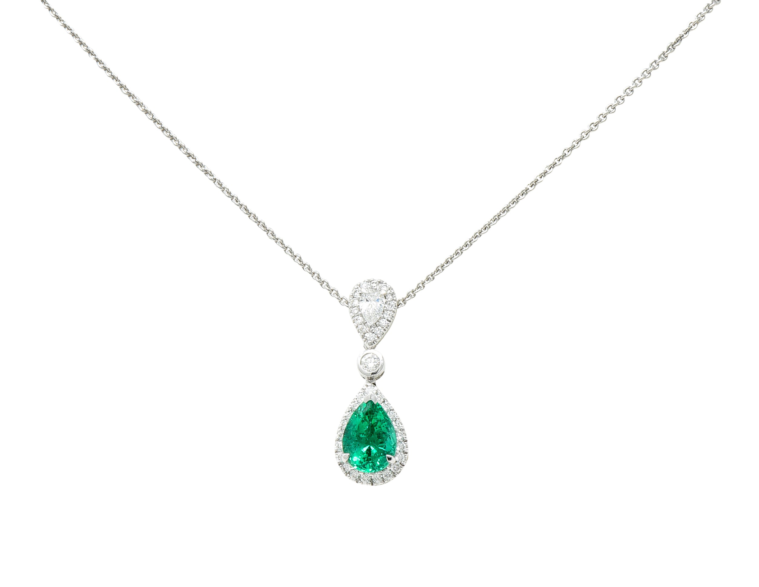 .11111 Contemporary 1.35 CTW Pear Cut Emerald Diamond 18 Karat White Gold Halo Pendant Necklace Wilson's Estate Jewelry