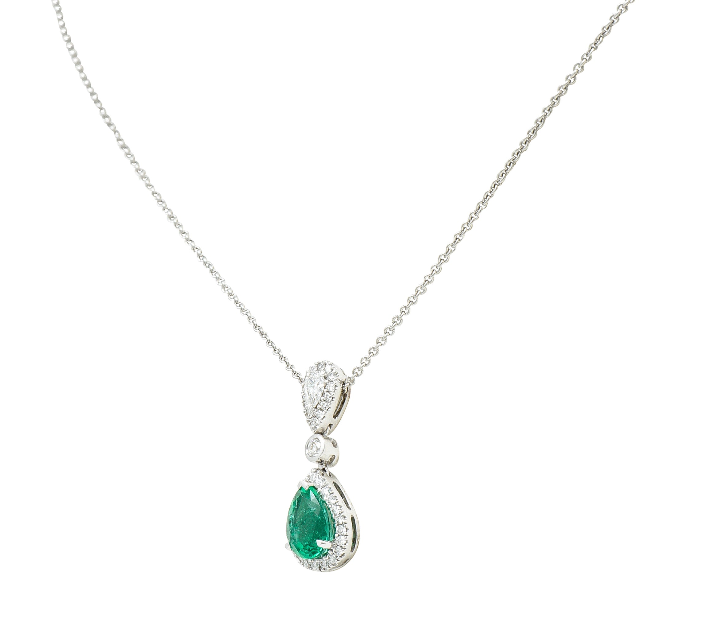 .11111 Contemporary 1.35 CTW Pear Cut Emerald Diamond 18 Karat White Gold Halo Pendant Necklace Wilson's Estate Jewelry