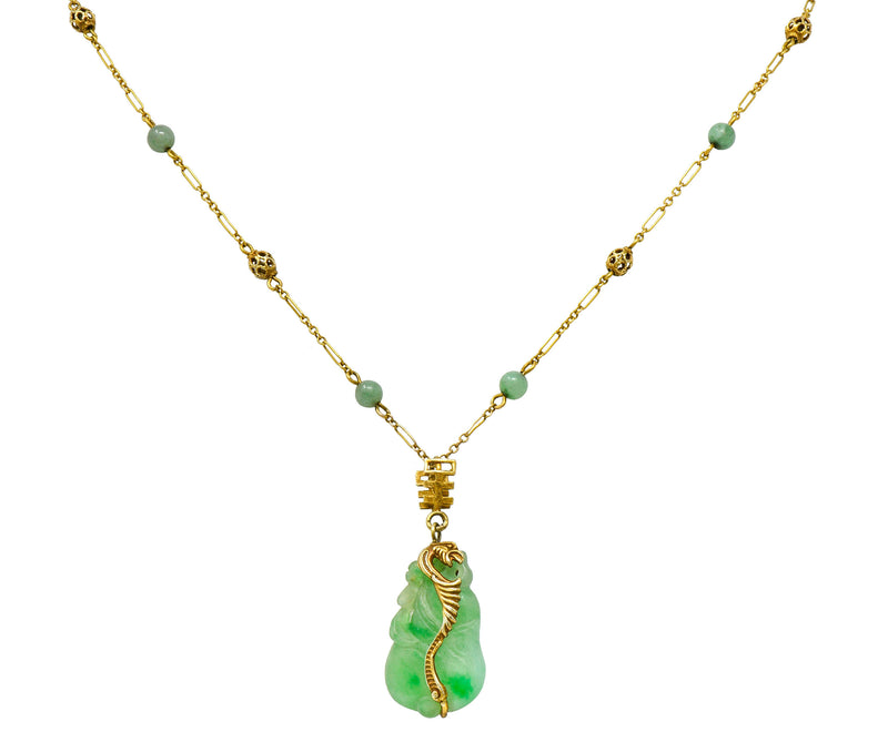 Art Nouveau Carved Jade 14 Karat Gold Drop Station NecklaceNecklace - Wilson's Estate Jewelry