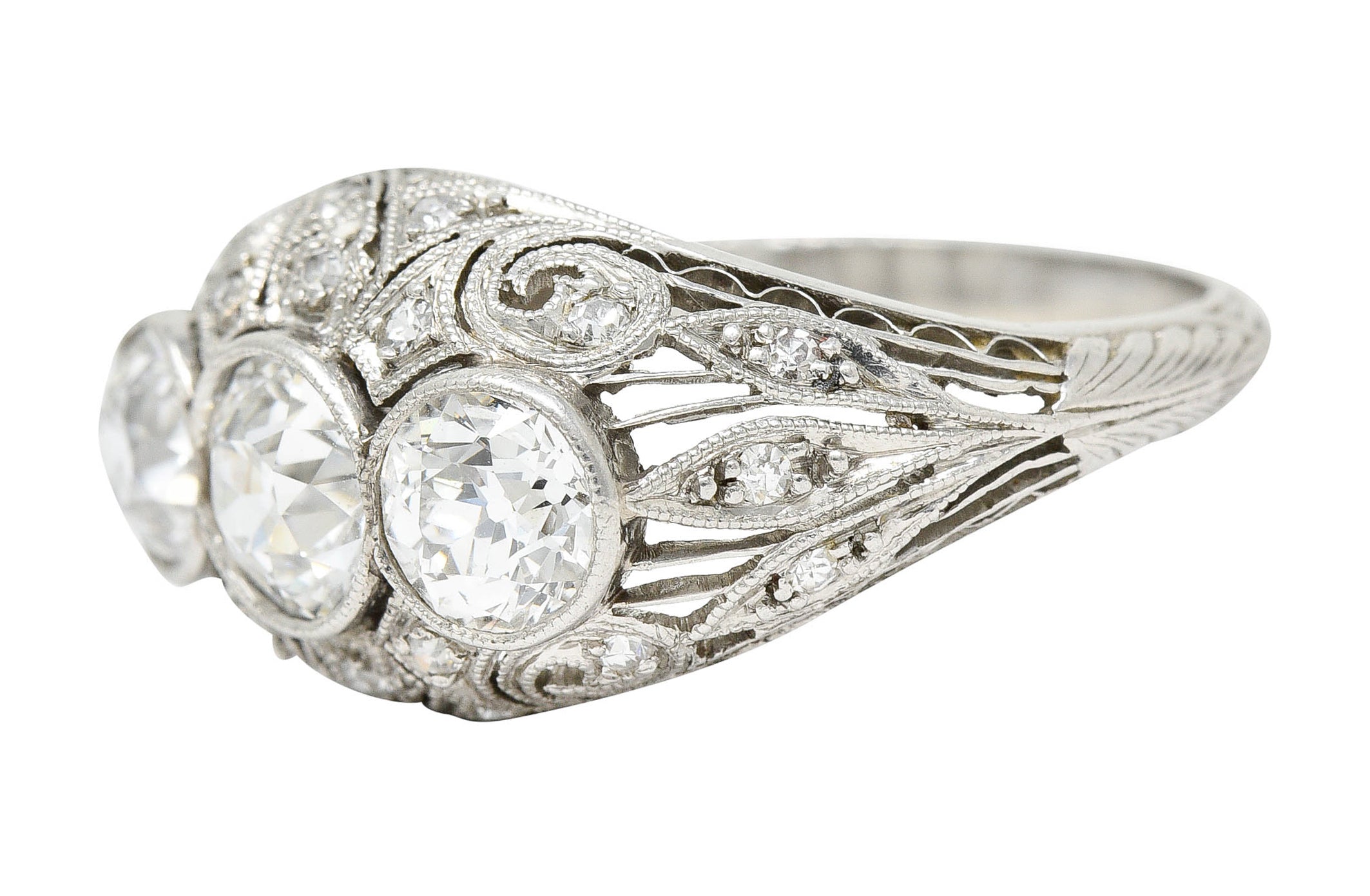 Art Deco 2.12 CTW Diamond Platinum Three Stone Bombe Band RingRing - Wilson's Estate Jewelry