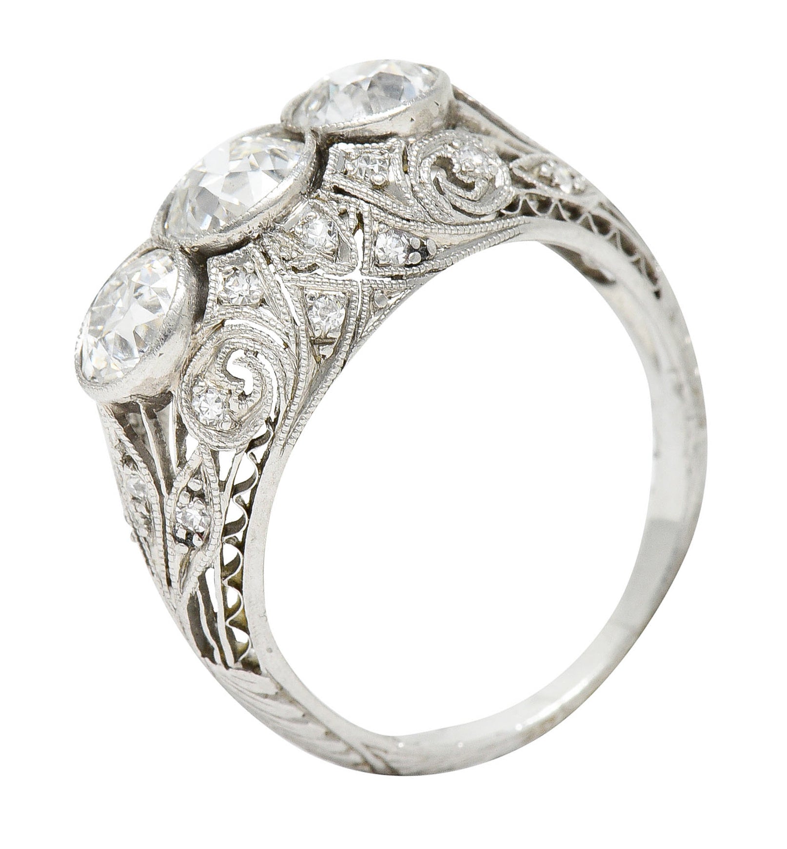 Art Deco 2.12 CTW Diamond Platinum Three Stone Bombe Band RingRing - Wilson's Estate Jewelry