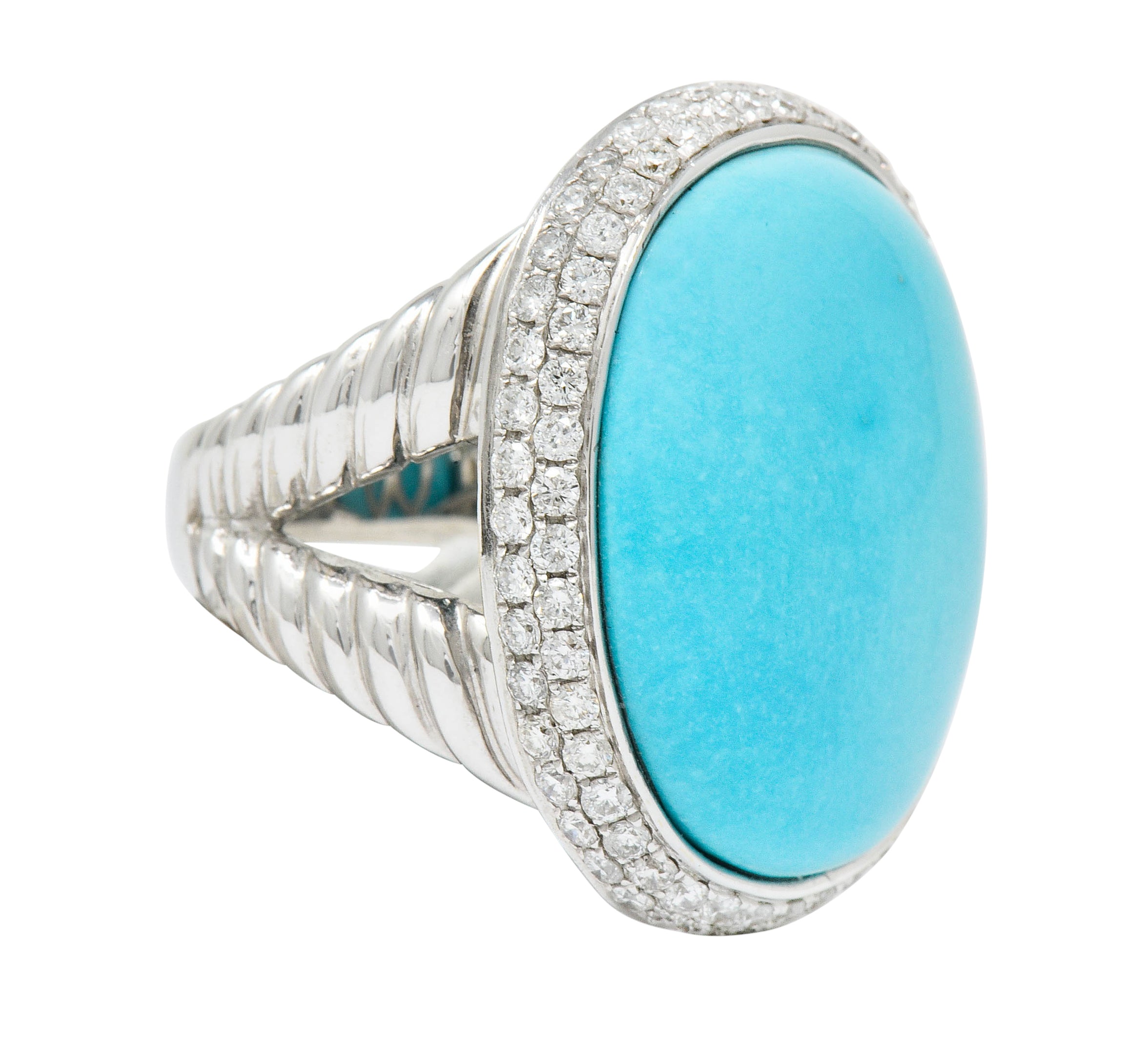 1990's Vintage Turquoise 1.25 CTW Diamond 18 Karat White Gold Statement Ring Wilson's Estate Jewelry