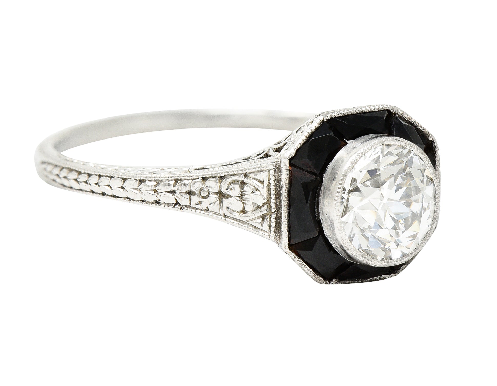 Art Deco 0.70 CTW Old European Cut Diamond French Cut Onyx Halo Scroll Clover Engagement Ring GIA Wilson's Estate Jewelry