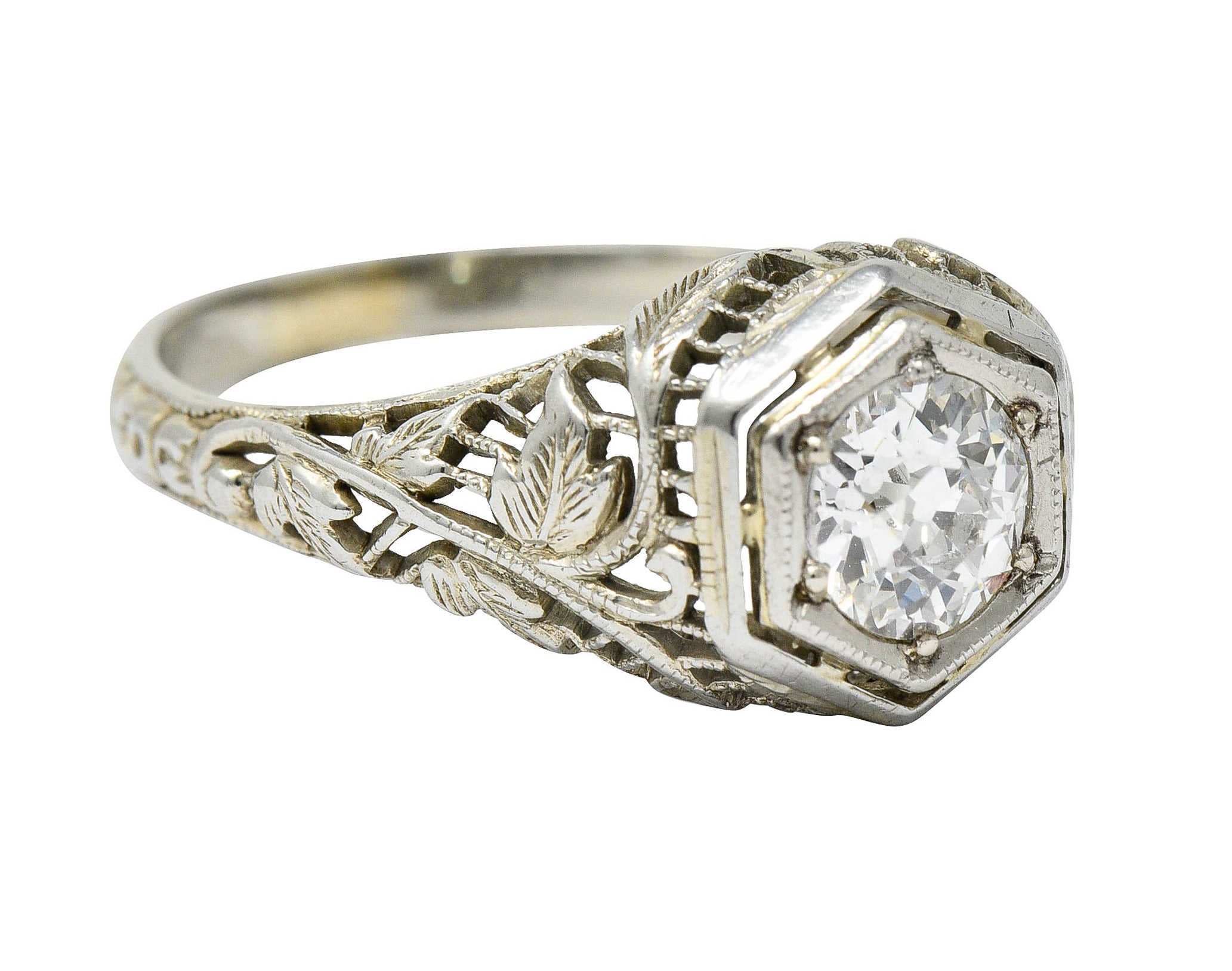 1920's Art Deco 0.62 CTW Diamond 18 Karat White Gold Hexagonal Engagement RingRing - Wilson's Estate Jewelry