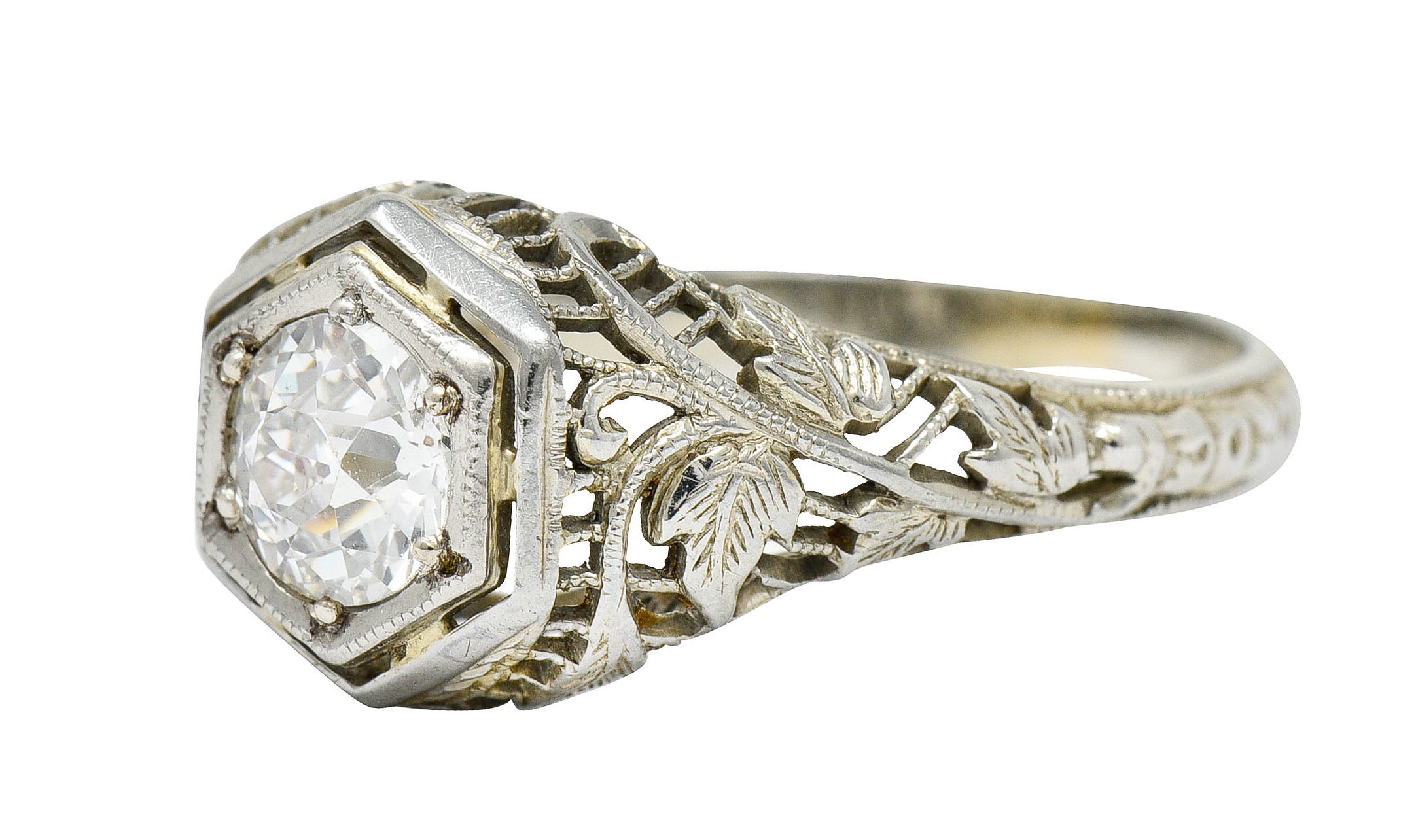 1920's Art Deco 0.62 CTW Diamond 18 Karat White Gold Hexagonal Engagement RingRing - Wilson's Estate Jewelry