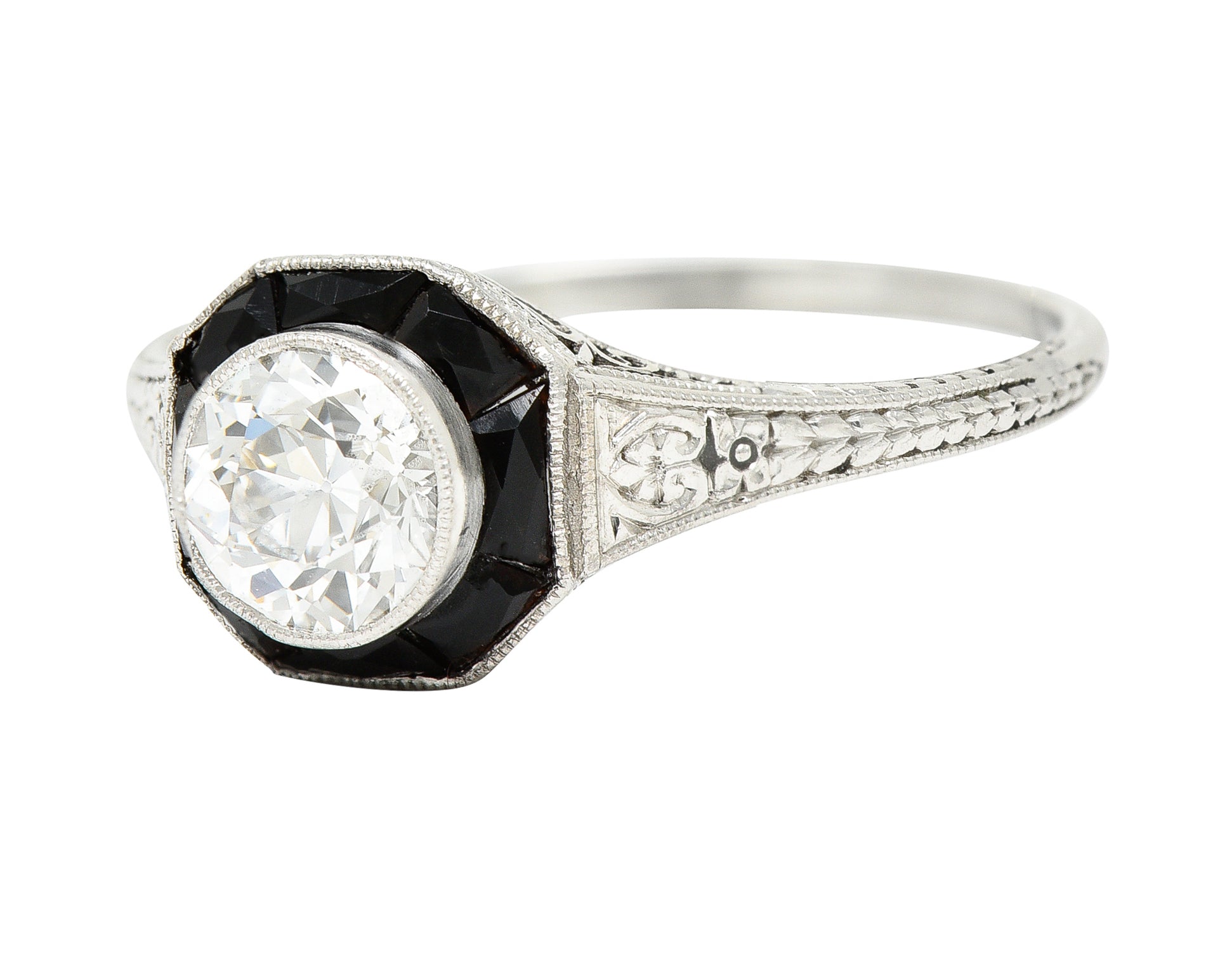 Art Deco 0.70 CTW Old European Cut Diamond French Cut Onyx Halo Scroll Clover Engagement Ring GIA Wilson's Estate Jewelry