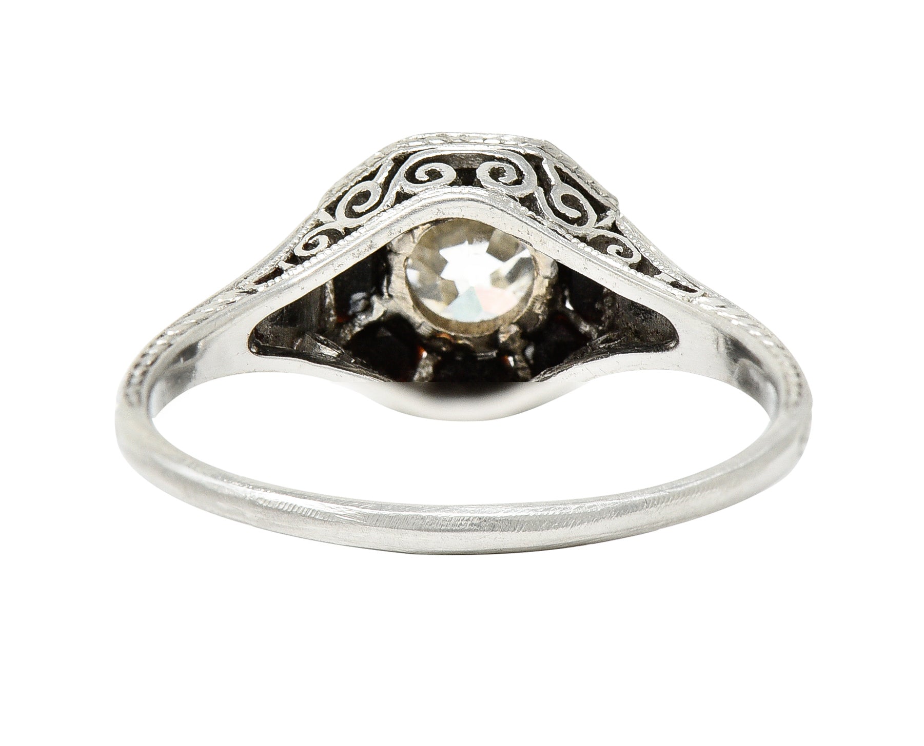 Art Deco 0.70 CTW Old European Cut Diamond French Cut Onyx Halo Scroll Clover Engagement Ring GIA Wilson's Estate Jewelry